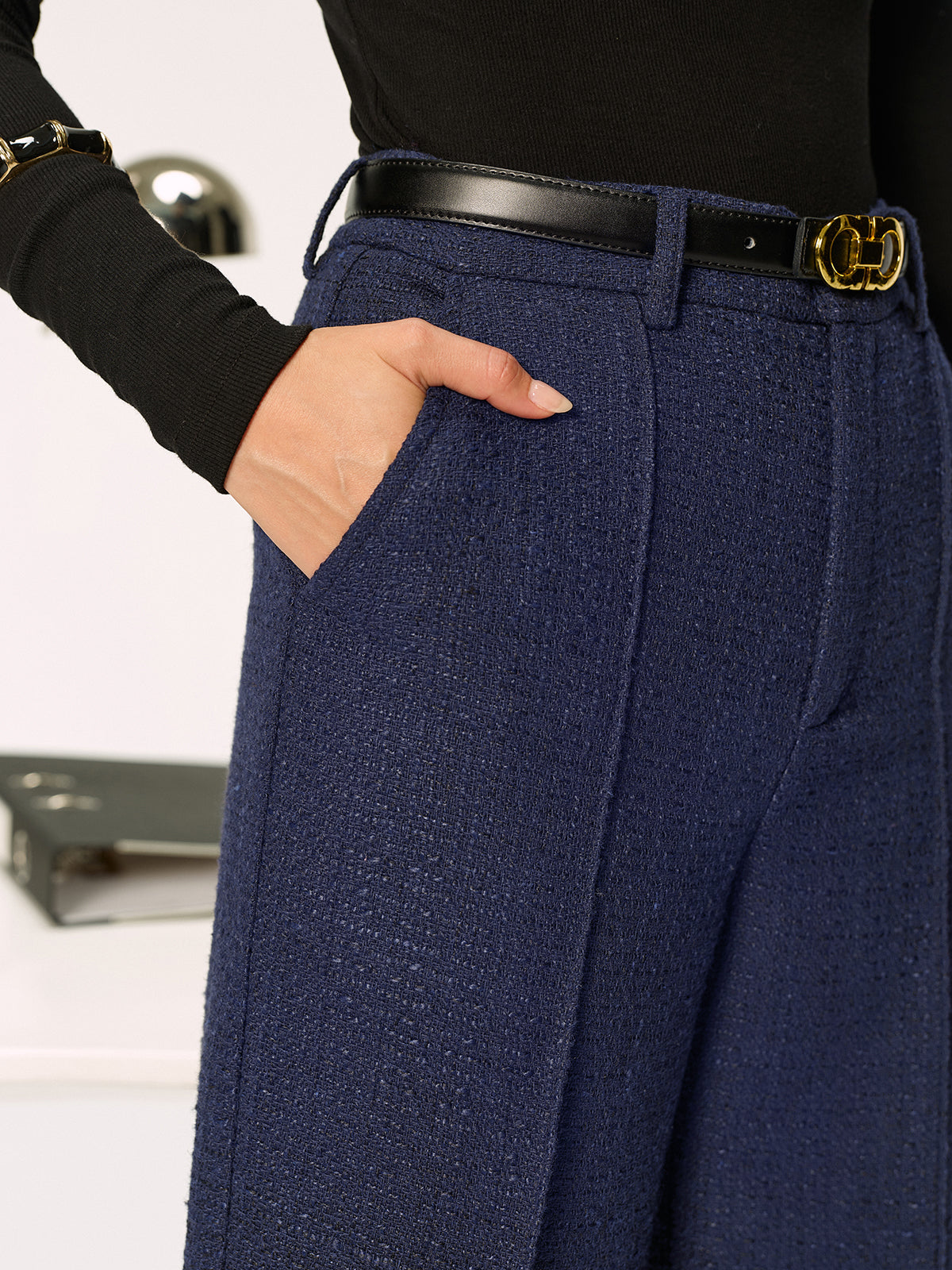 Mid-Waist Tweed Straight-Leg Pants without Belt-Chicvia