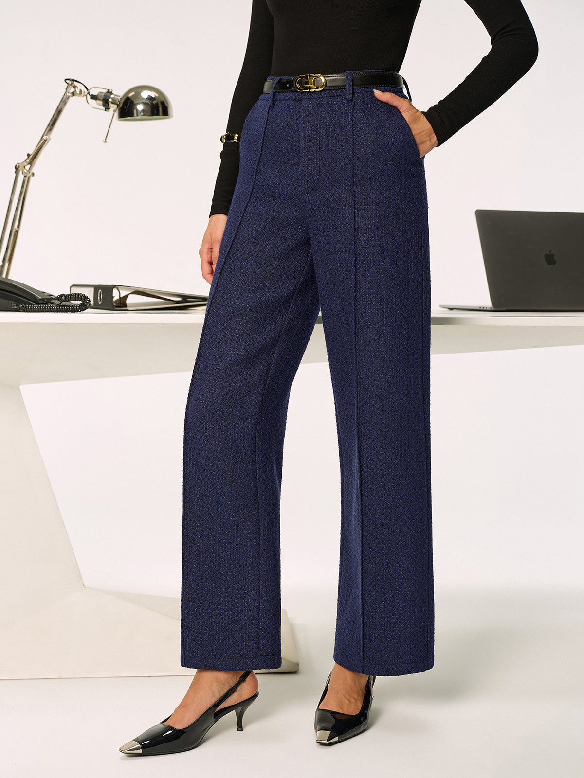 Mid-Waist Tweed Straight-Leg Pants without Belt-Chicvia