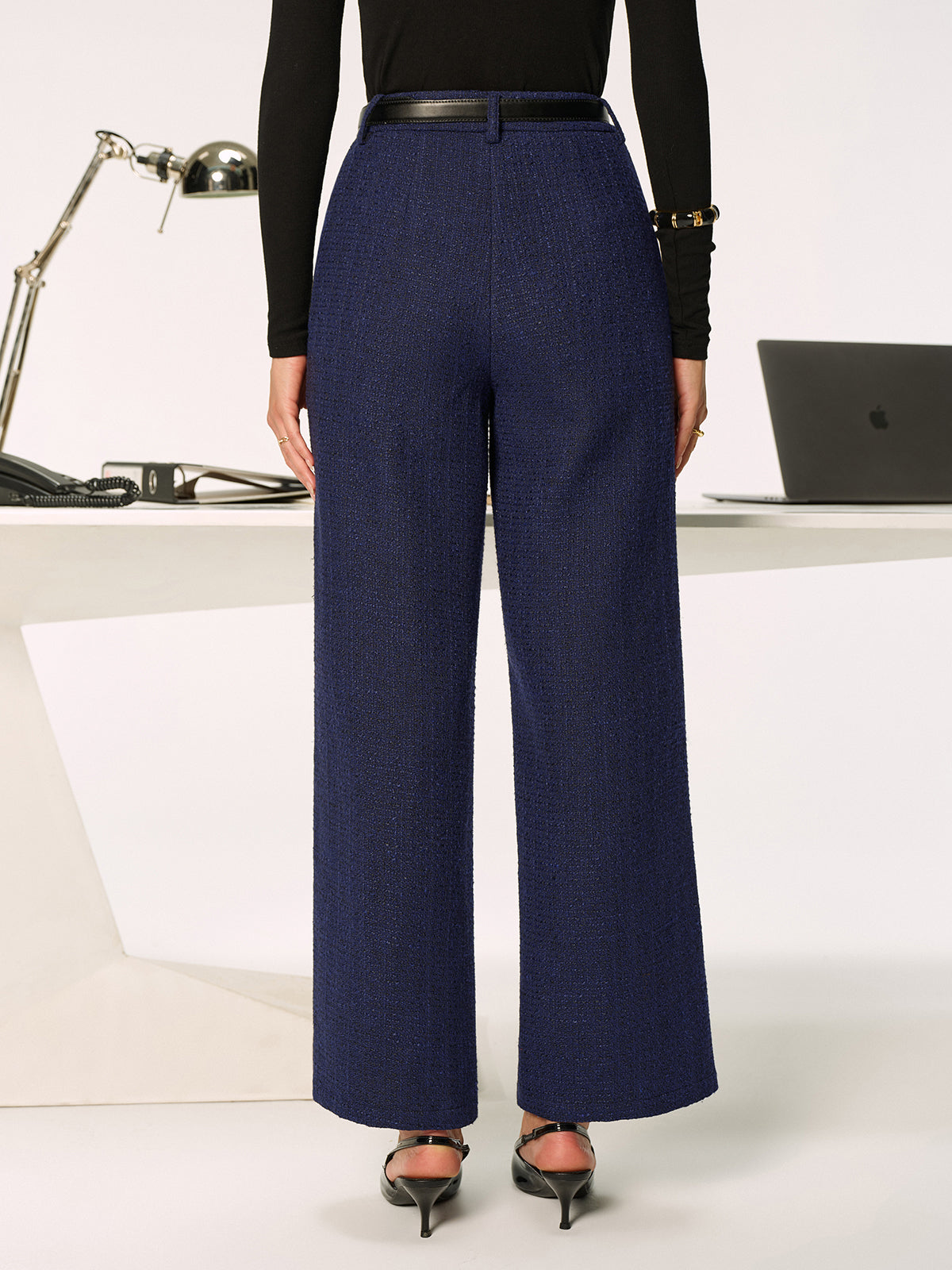 Mid-Waist Tweed Straight-Leg Pants without Belt-Chicvia