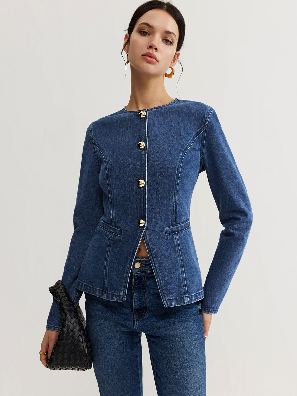 Button Down Denim Slim Jacket-Chicvia