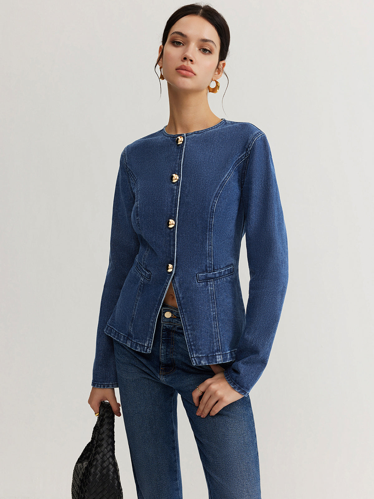Button Down Denim Slim Jacket-Chicvia