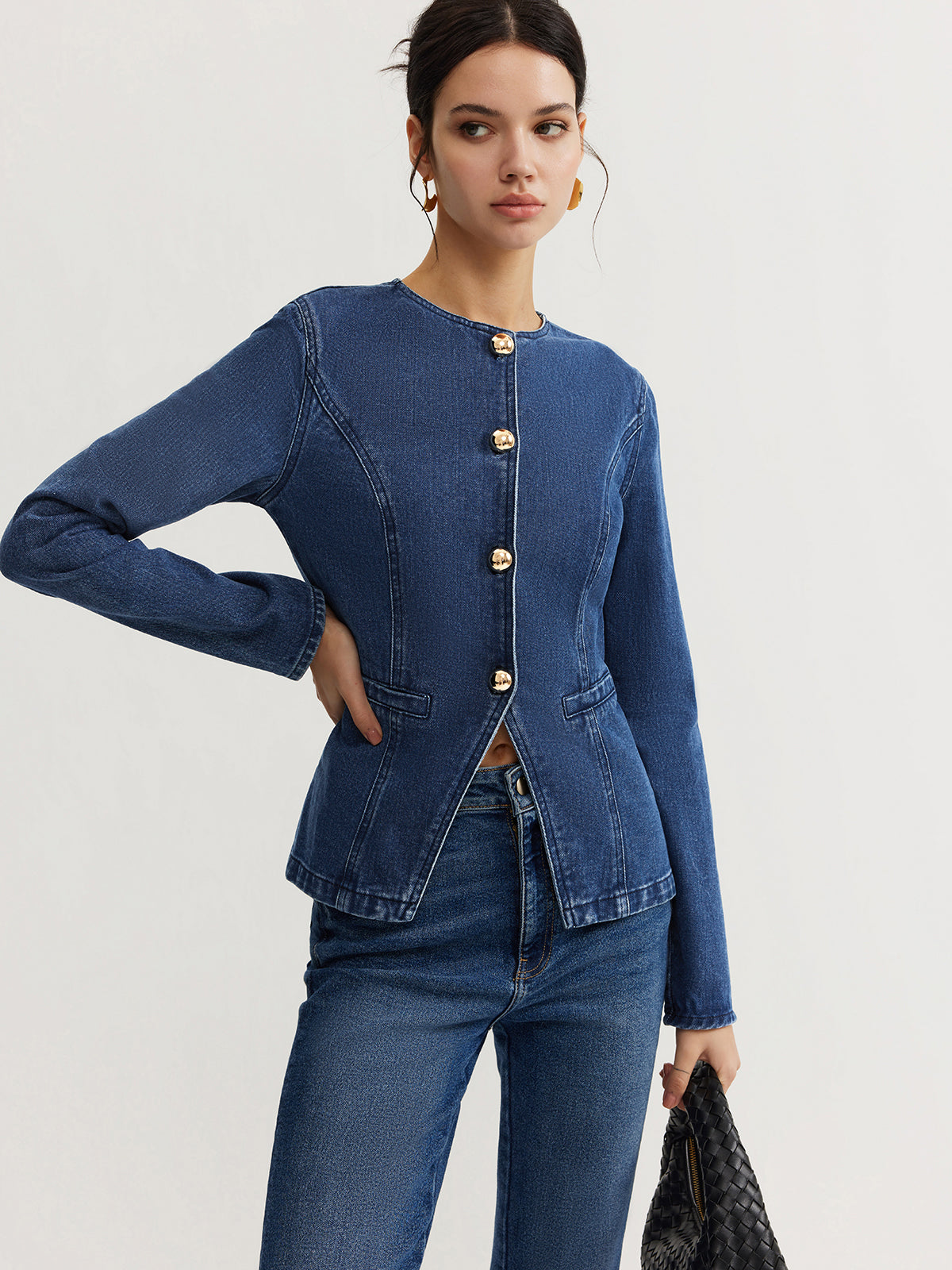 Button Down Denim Slim Jacket-Chicvia