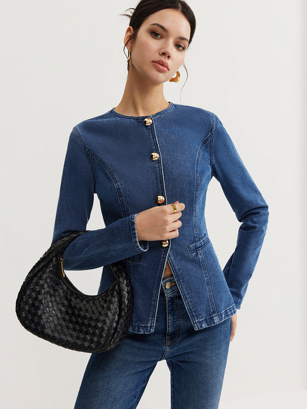 Button Down Denim Slim Jacket-Chicvia
