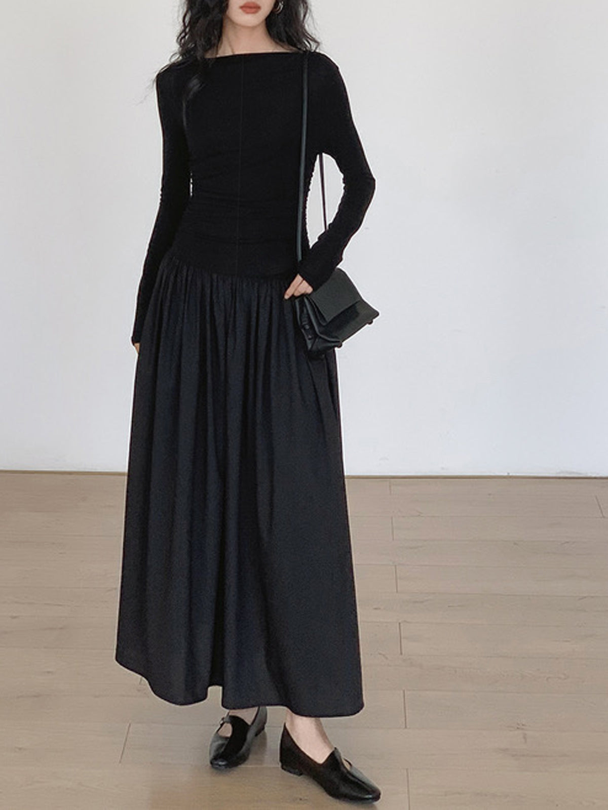 Pleated Patchwork Knit Long Sleeve Midi Dress-Chicvia