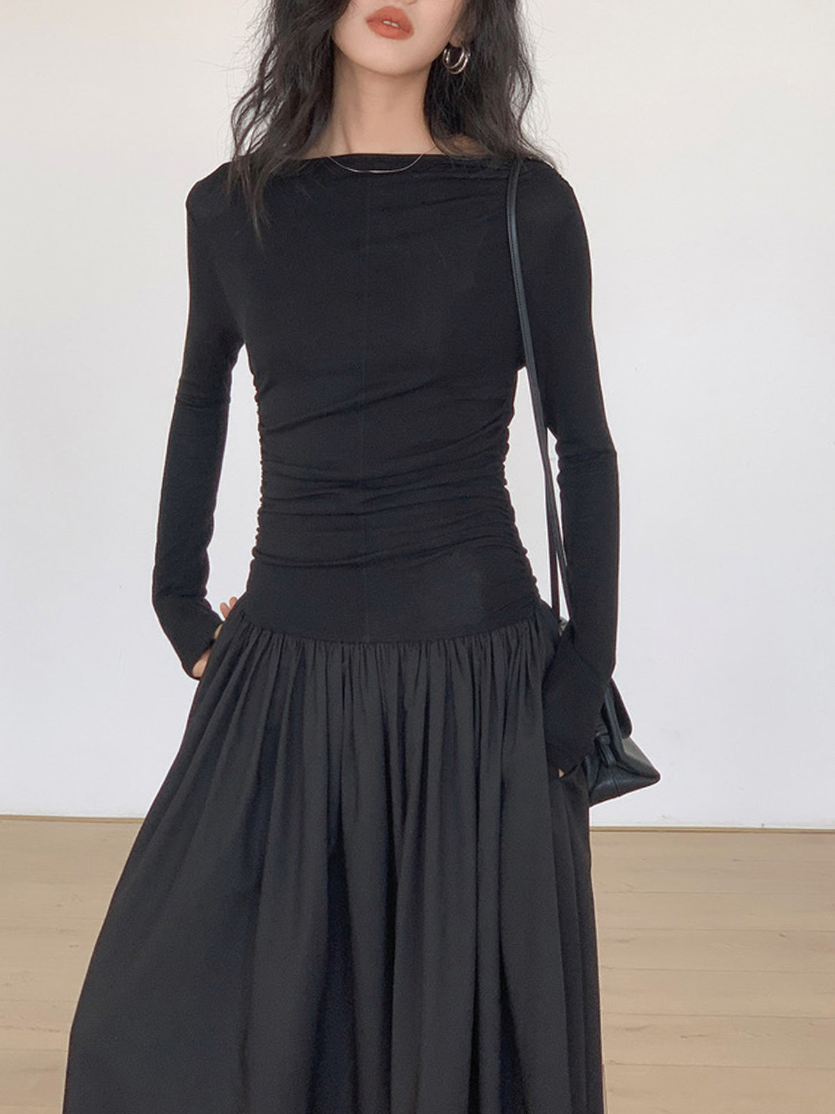 Pleated Patchwork Knit Long Sleeve Midi Dress-Chicvia