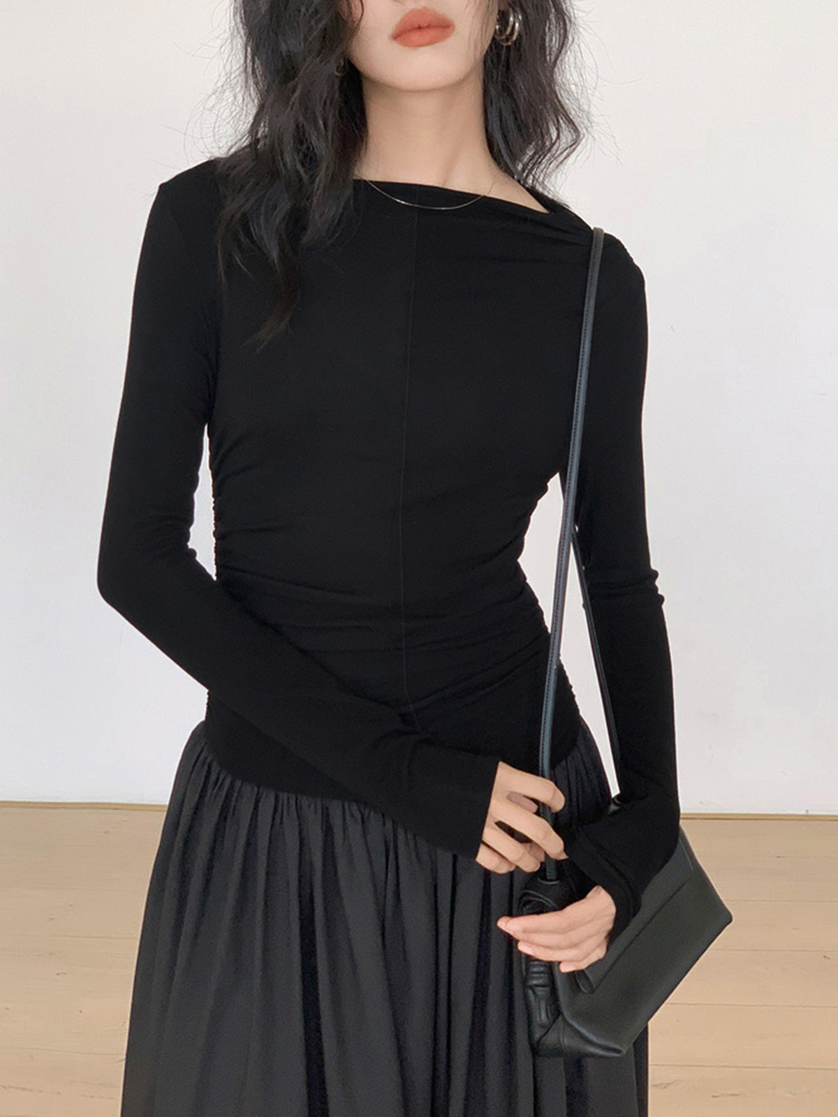 Pleated Patchwork Knit Long Sleeve Midi Dress-Chicvia