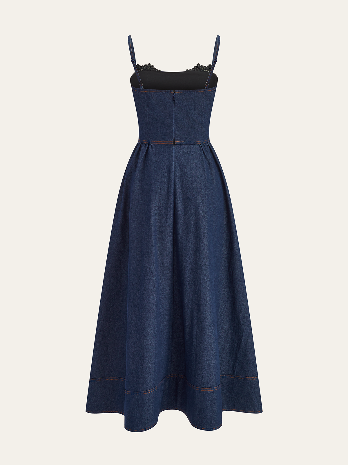 Lace Trim Denim Cami Maxi Dress-Chicvia