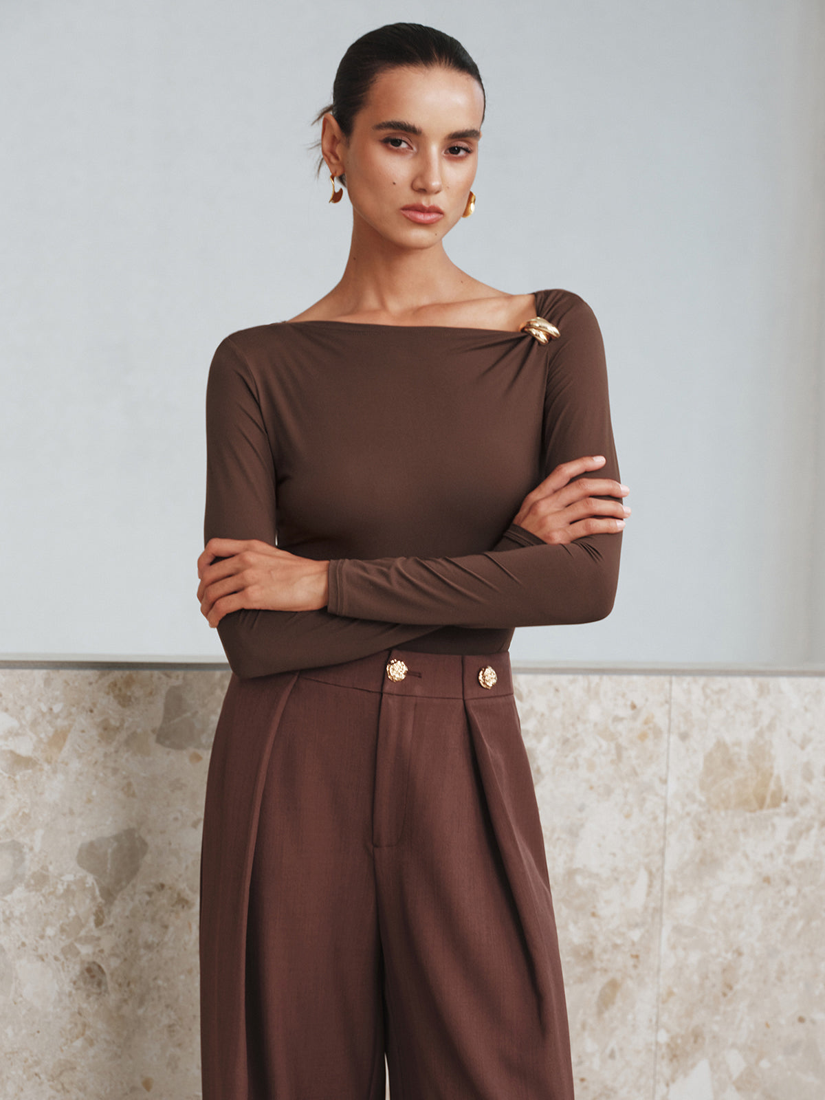 Metal Detail Asymmetric Neckline Bodysuit-Chicvia