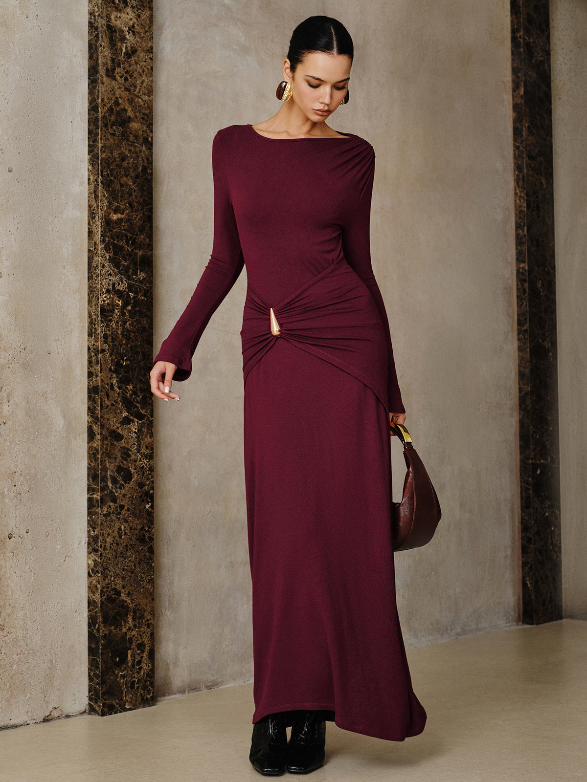 Metal Buckle Long Sleeve Ruched Maxi Dress-Chicvia