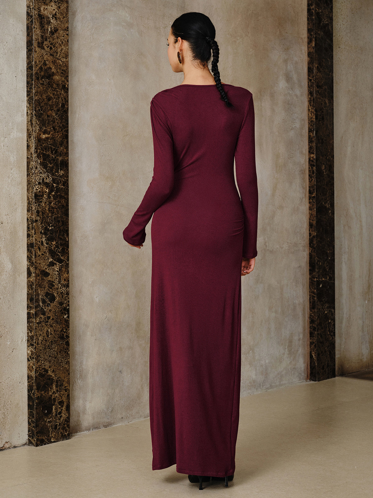 Metal Buckle Long Sleeve Ruched Maxi Dress-Chicvia