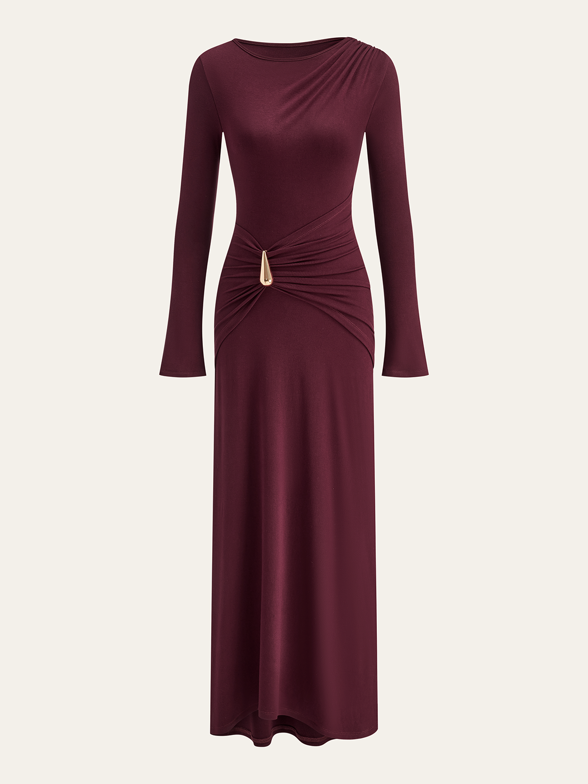 Metal Buckle Long Sleeve Ruched Maxi Dress-Chicvia