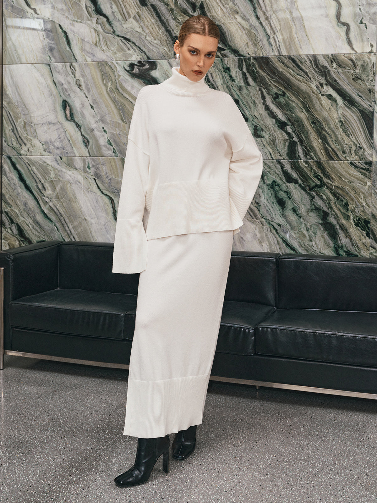 Oversized Turtleneck Knit Top and Maxi Skirt Set-Chicvia