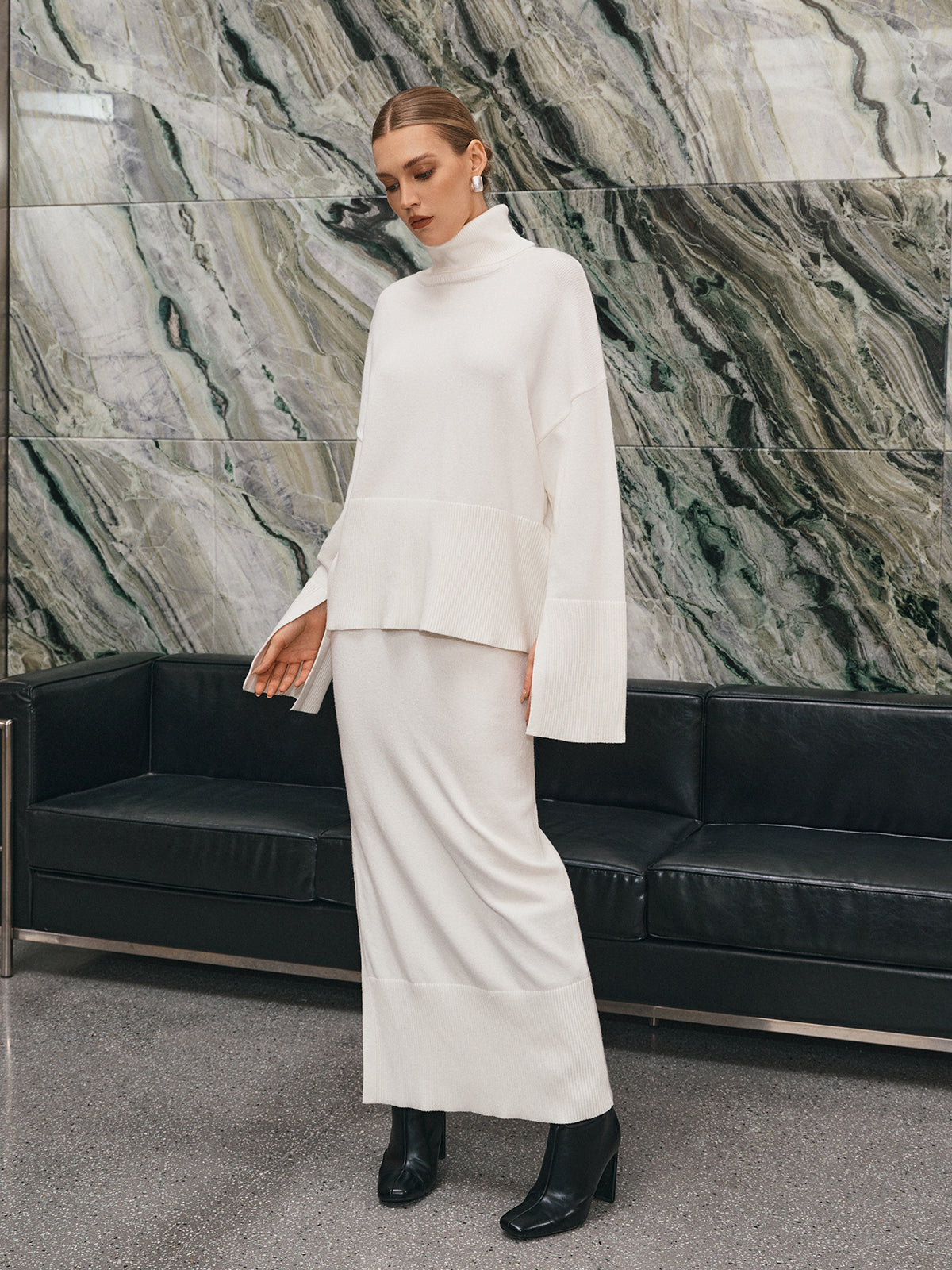 Oversized Turtleneck Knit Top and Maxi Skirt Set-Chicvia