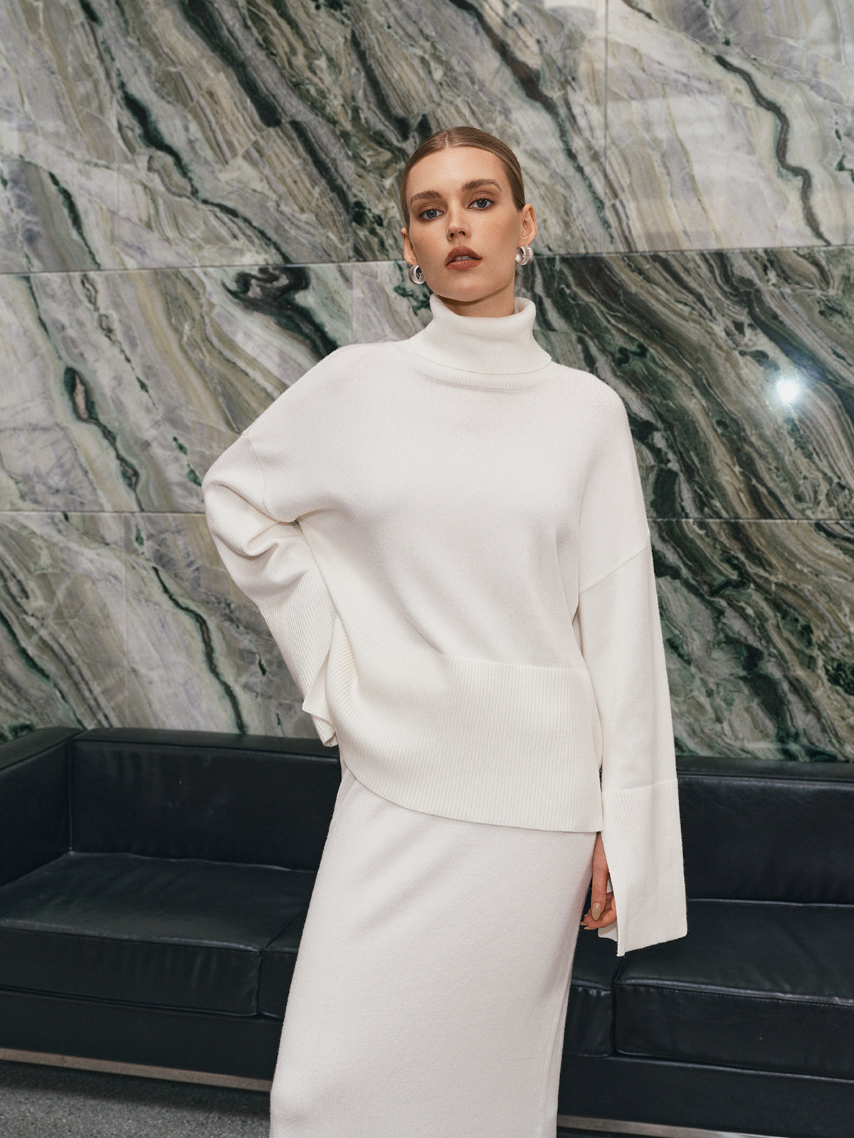 Oversized Turtleneck Knit Top and Maxi Skirt Set-Chicvia