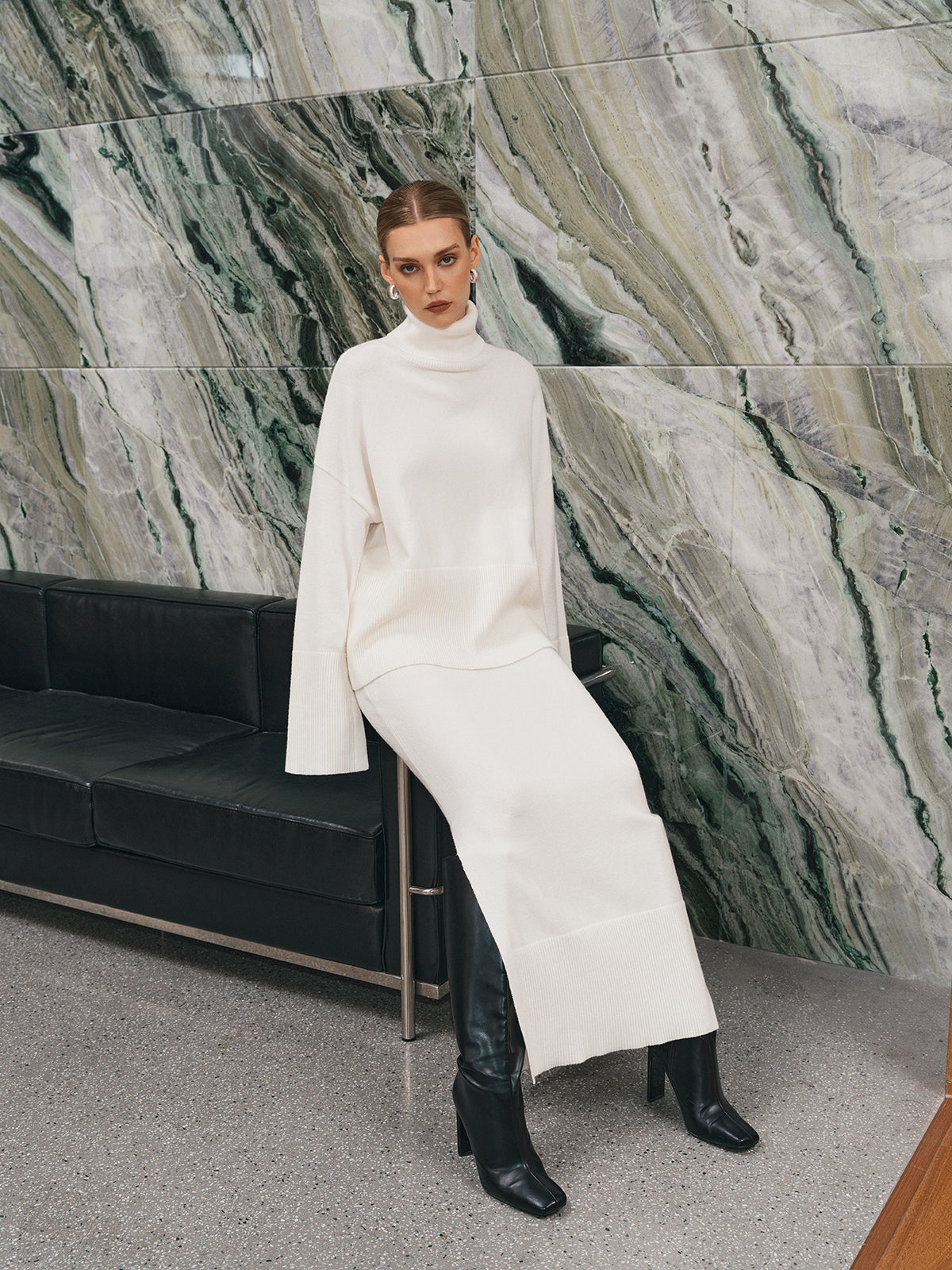 Oversized Turtleneck Knit Top and Maxi Skirt Set-Chicvia