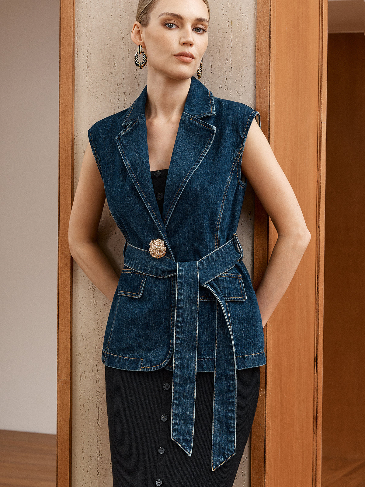 Denim Belted Blazer Vest-Chicvia