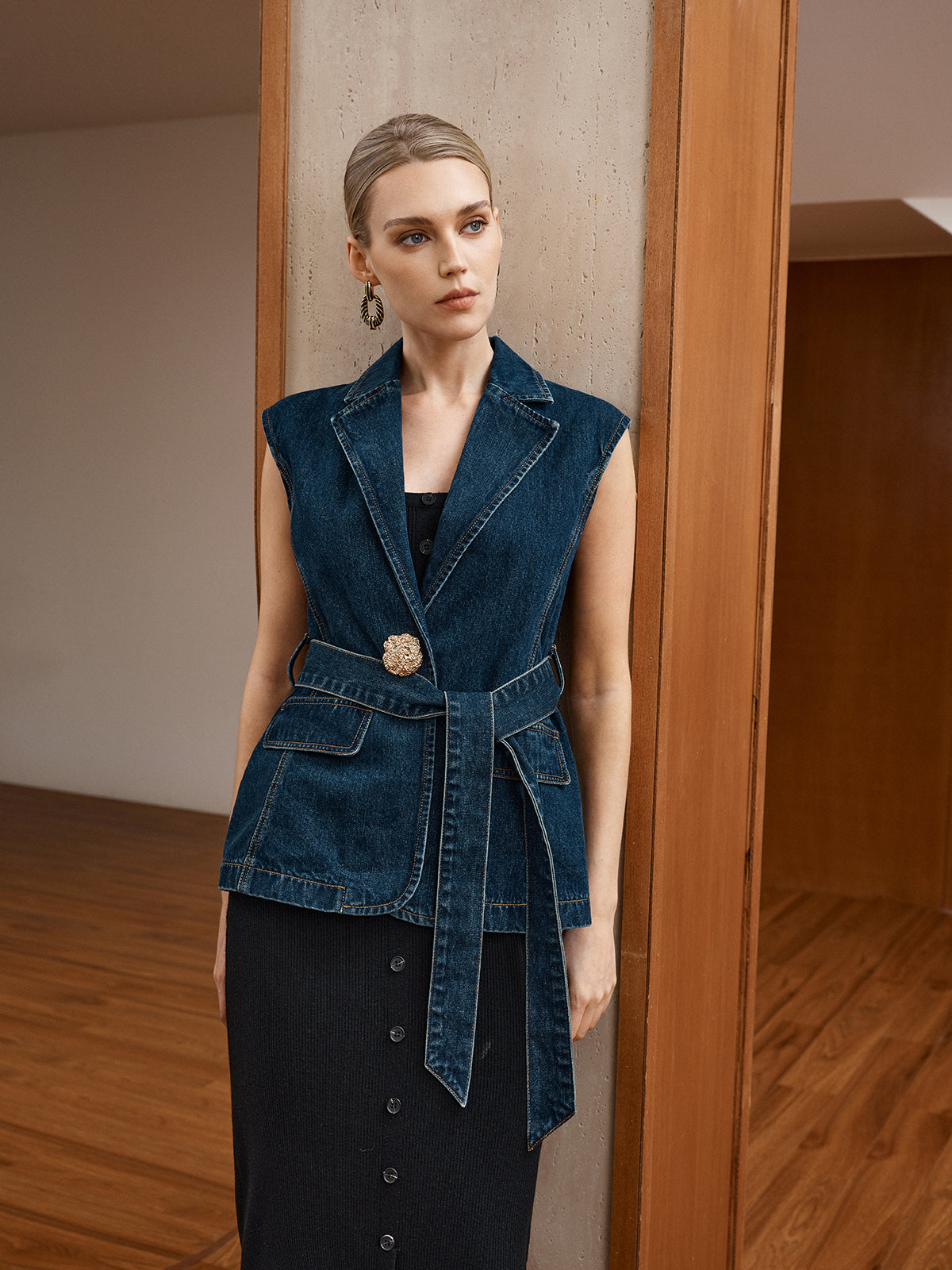Denim Belted Blazer Vest-Chicvia