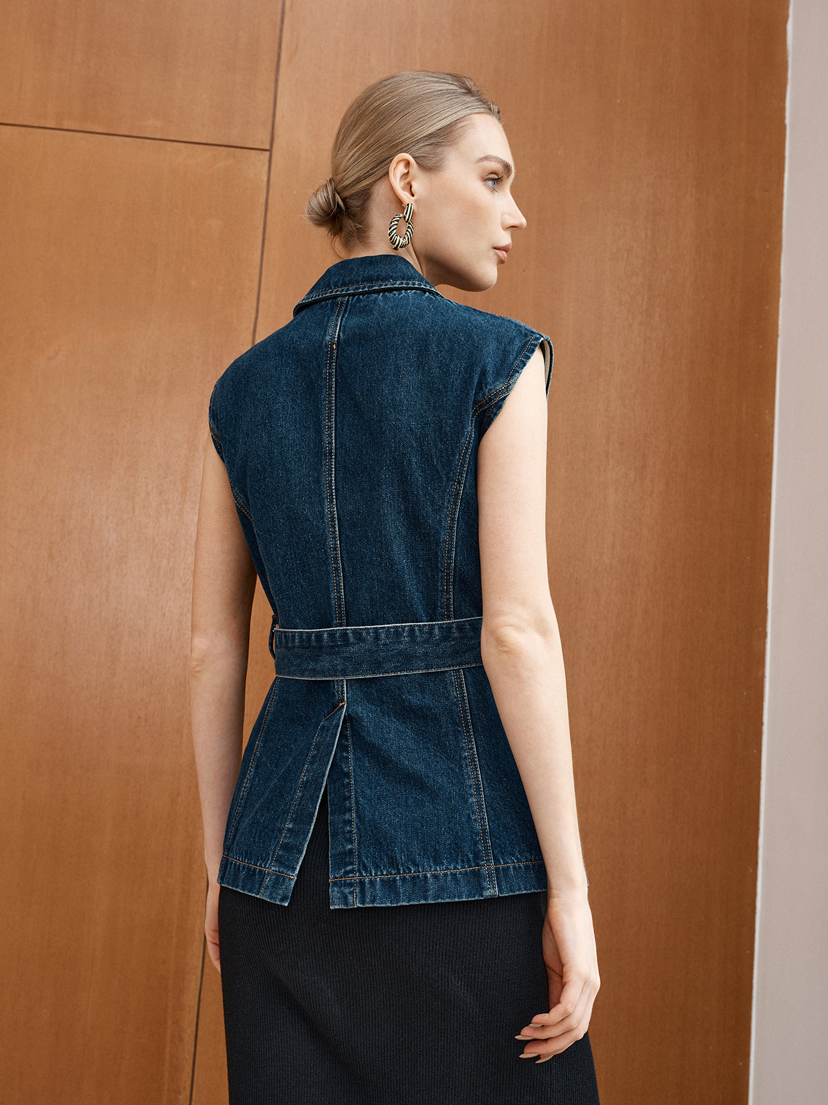 Denim Belted Blazer Vest-Chicvia