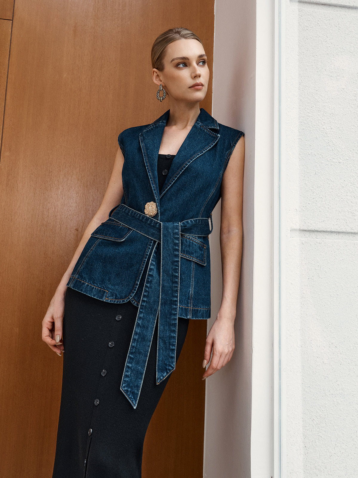 Denim Belted Blazer Vest-Chicvia