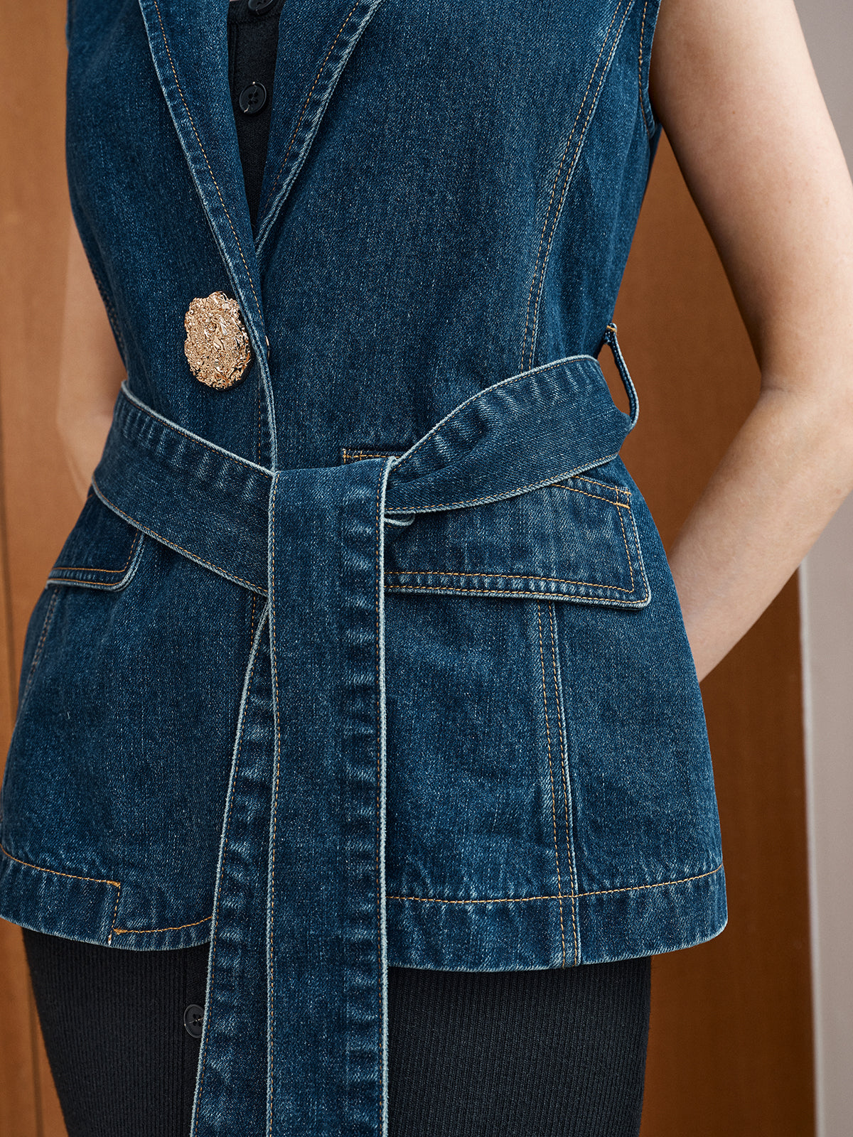 Denim Belted Blazer Vest-Chicvia