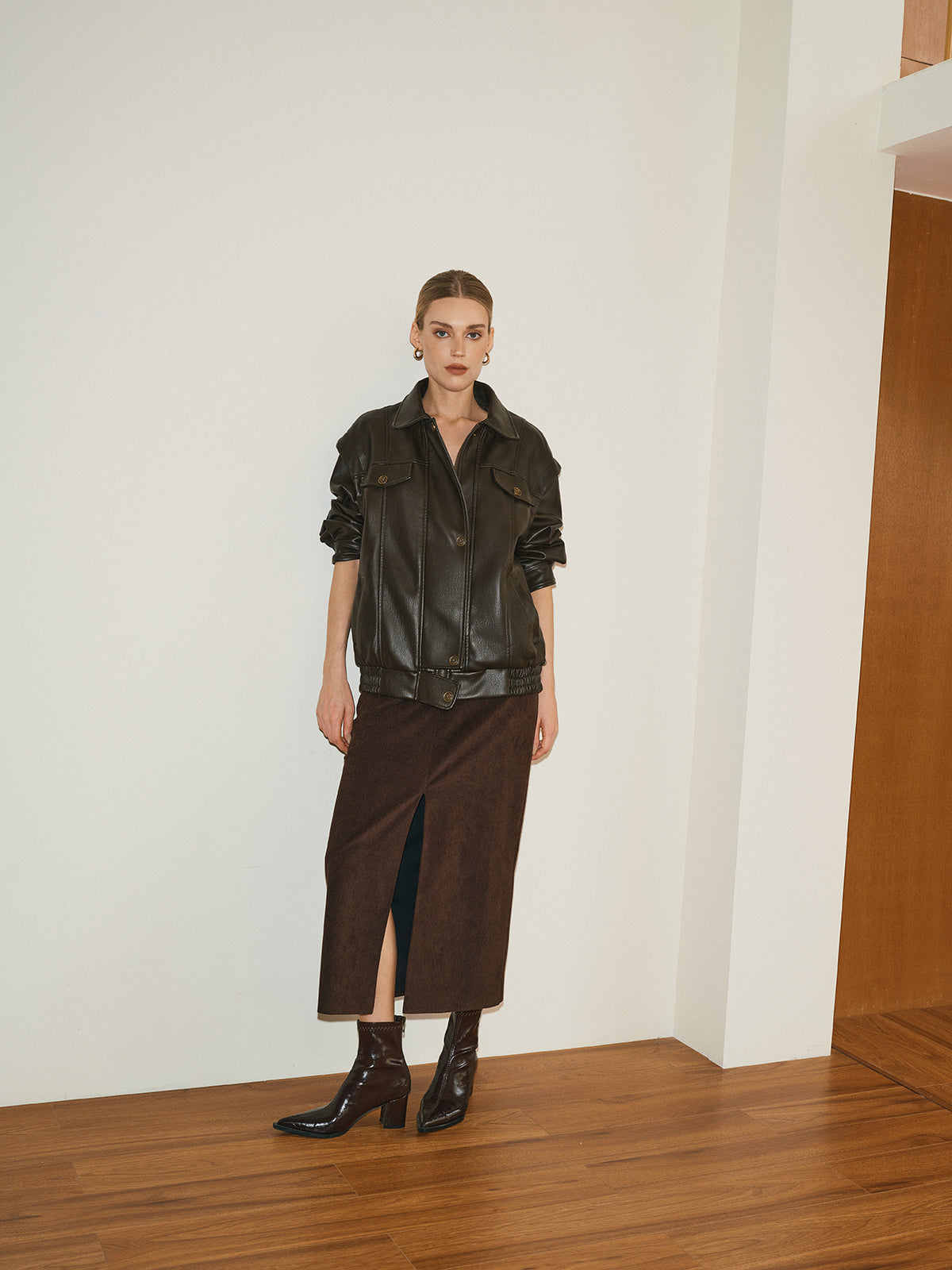 Lapel PU Leather Jacket-Chicvia