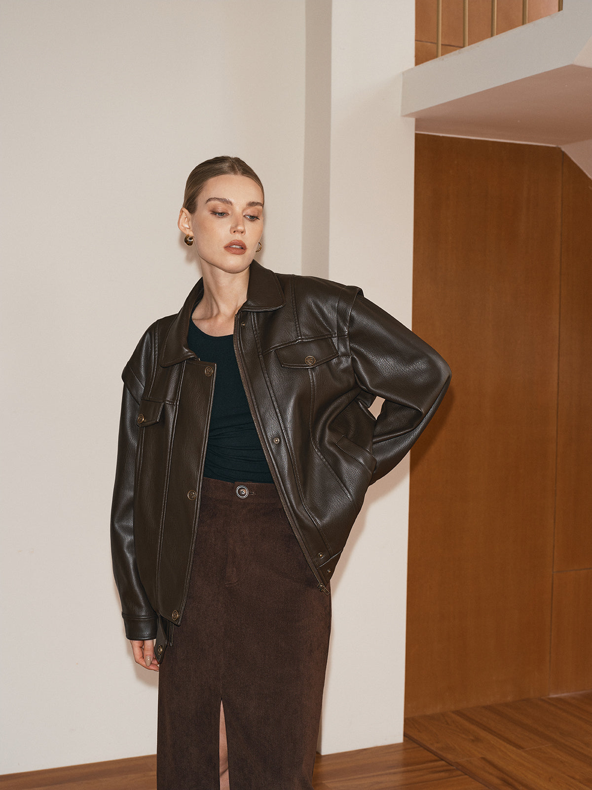 Lapel PU Leather Jacket-Chicvia