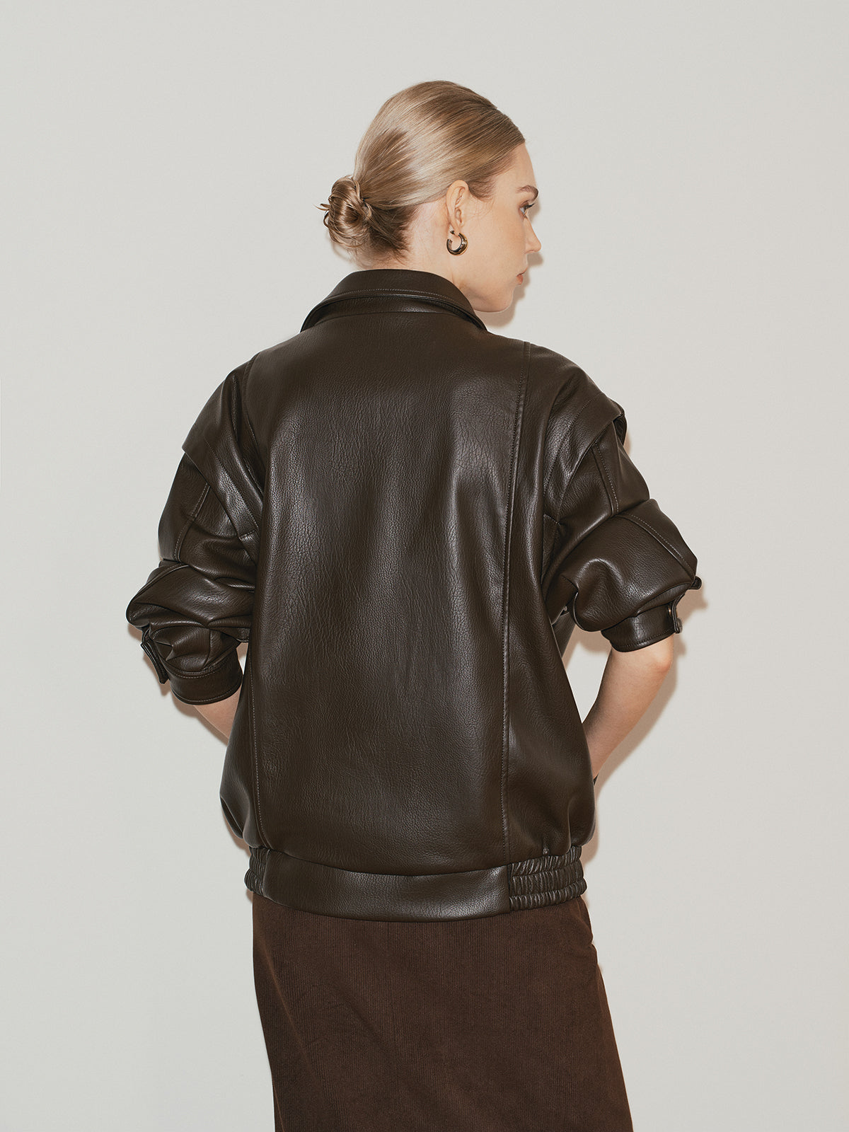 Lapel PU Leather Jacket-Chicvia