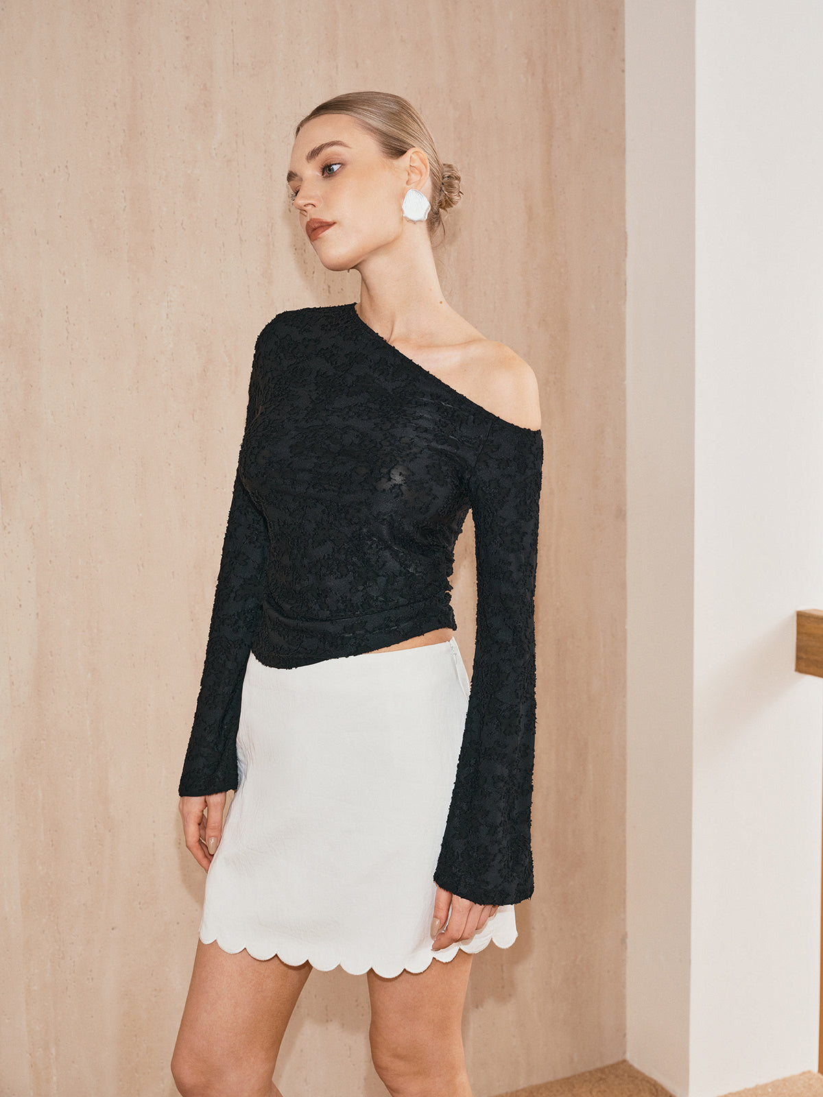 One-Shoulder Textured Jacquard Semi-Sheer Top-Chicvia