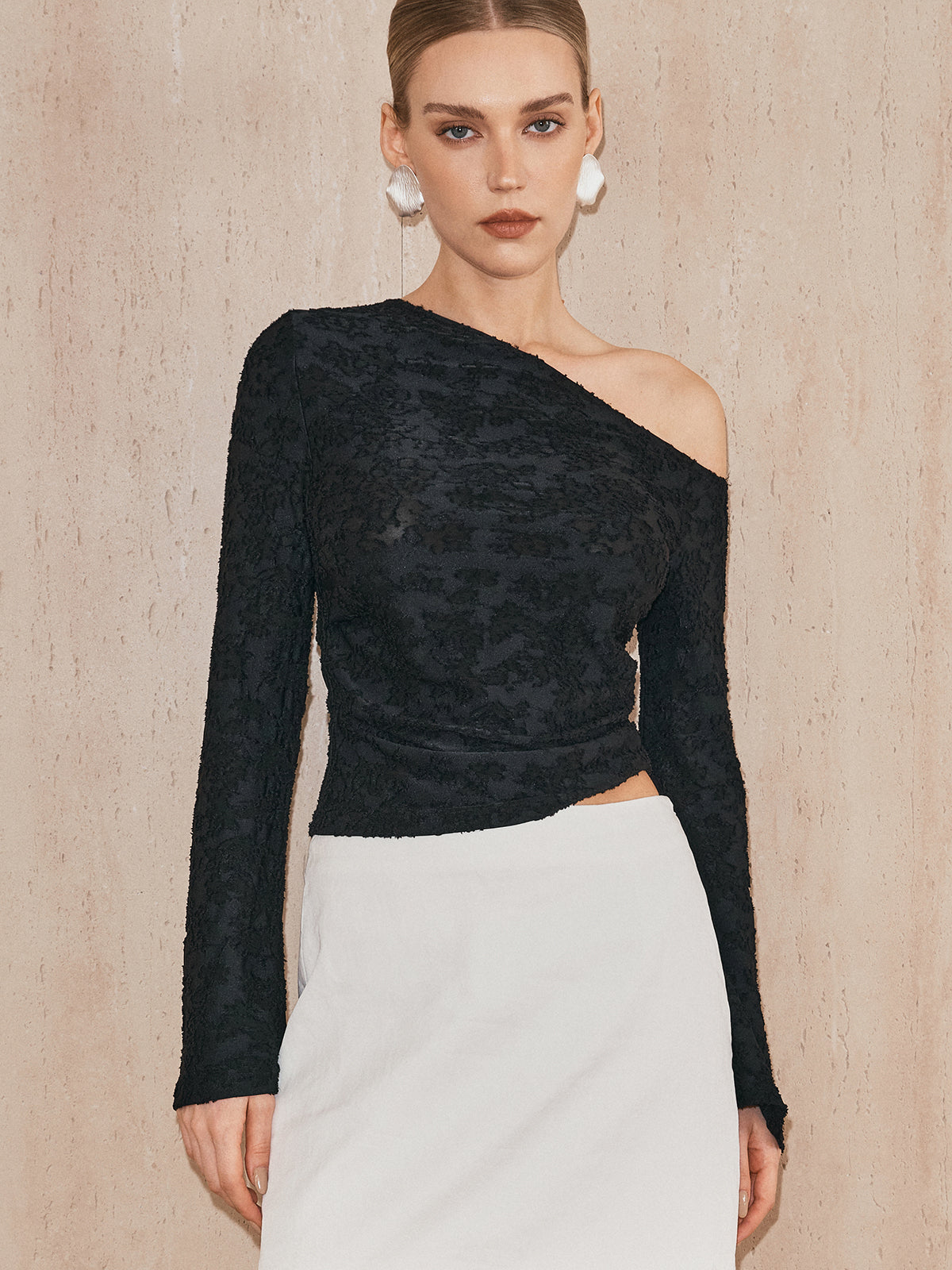 One-Shoulder Textured Jacquard Semi-Sheer Top-Chicvia