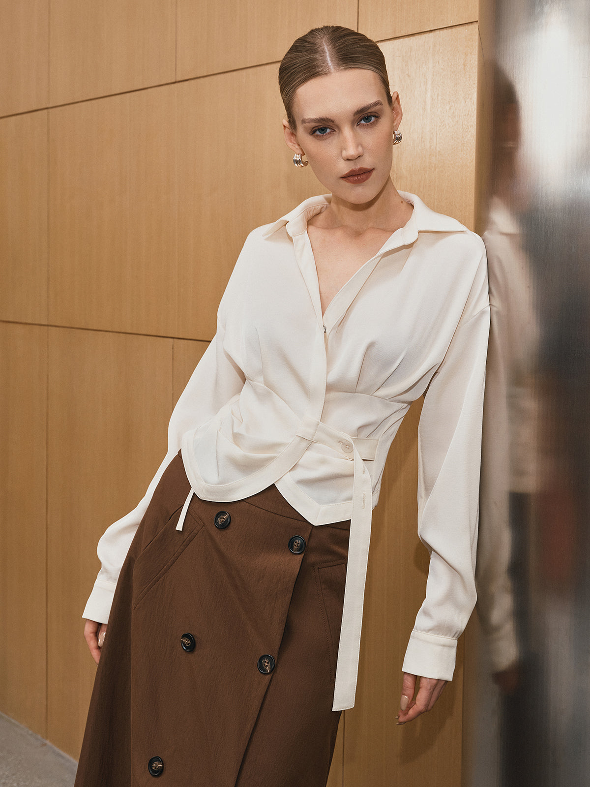 Long Sleeve Wrap-Tie Waist Shirt-Chicvia