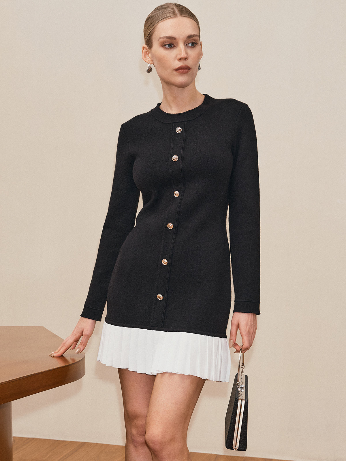Long Sleeve Pleated Hem Sweater Dress-Chicvia