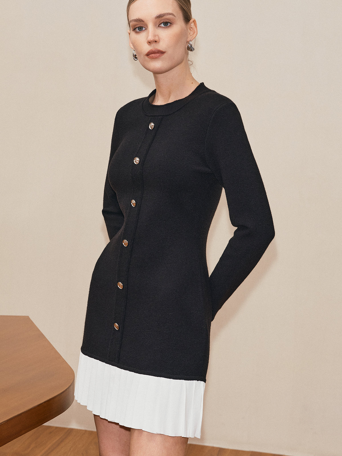 Long Sleeve Pleated Hem Sweater Dress-Chicvia