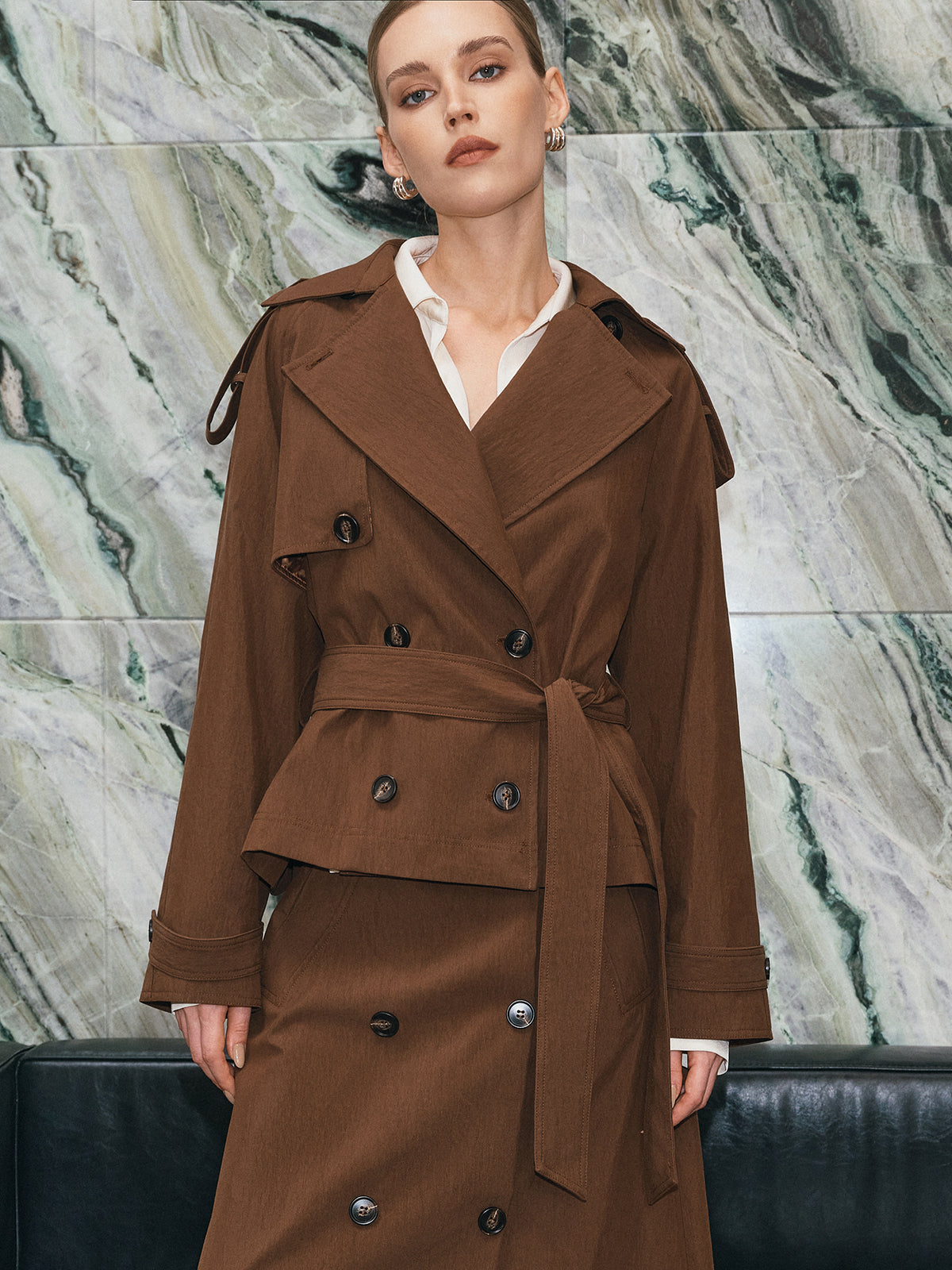 Cropped Double-Breasted Belted Trench Coat-Chicvia