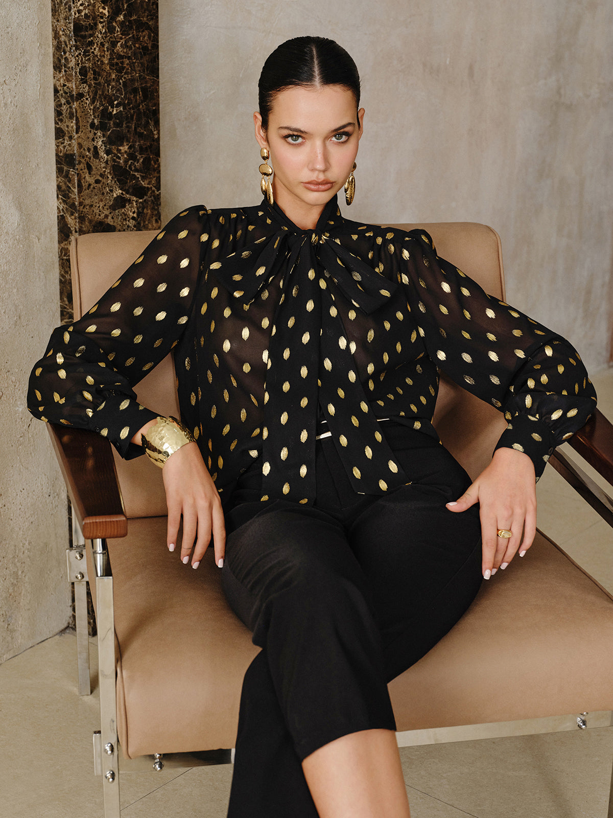 Polka Dot Bow Neckline Semi-Sheer Blouse-Chicvia