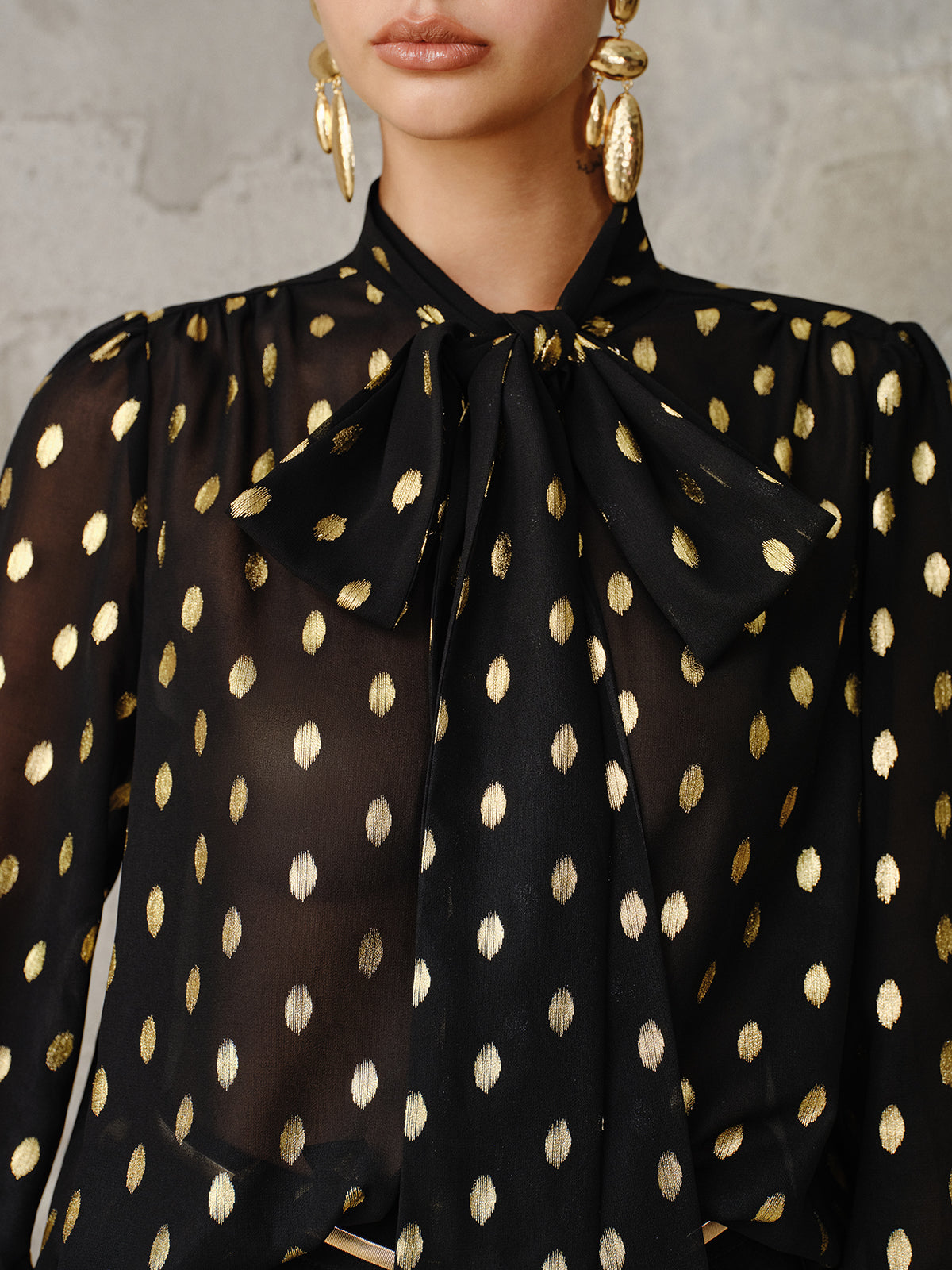 Polka Dot Bow Neckline Semi-Sheer Blouse-Chicvia