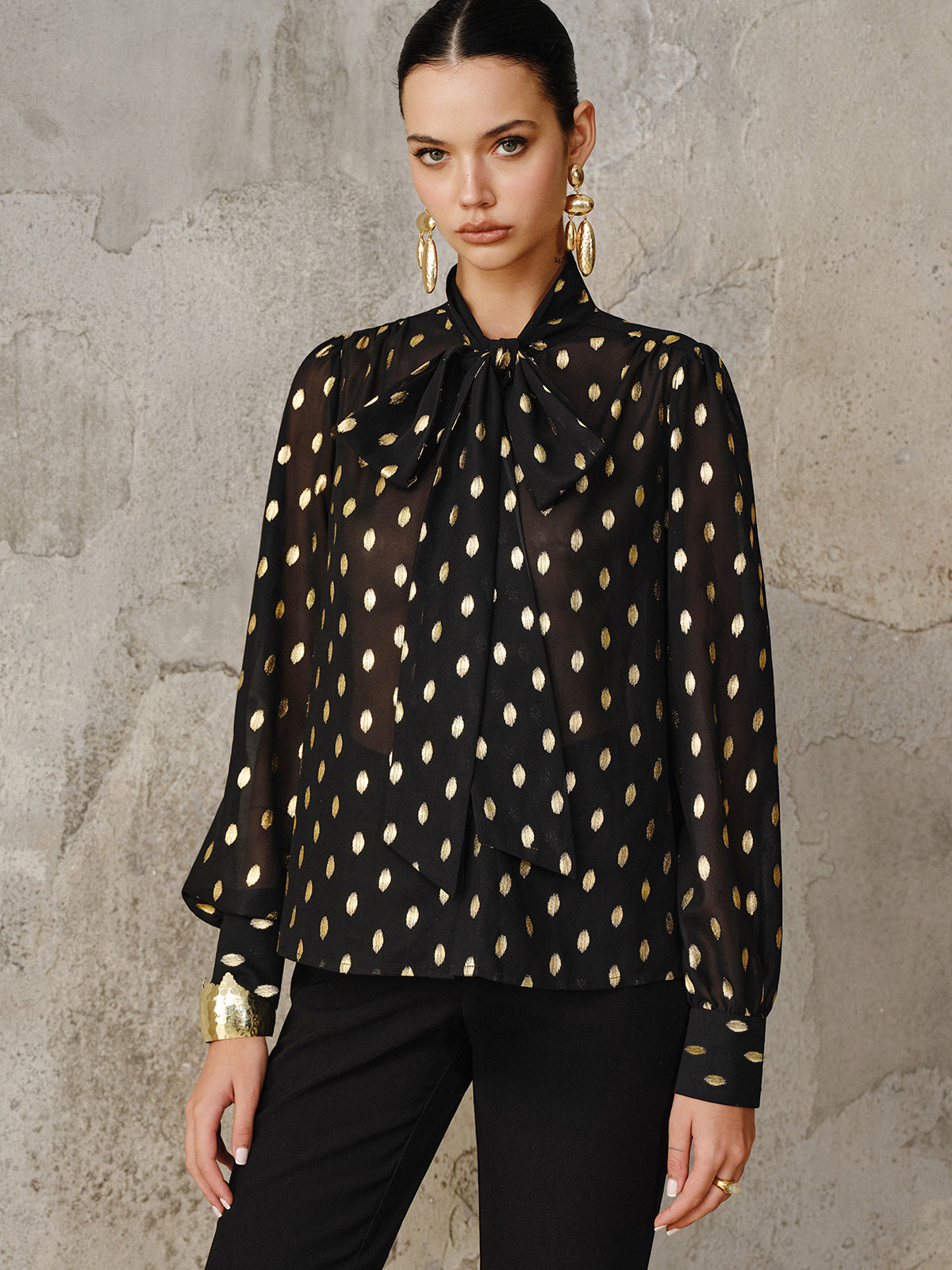 Polka Dot Bow Neckline Semi-Sheer Blouse-Chicvia