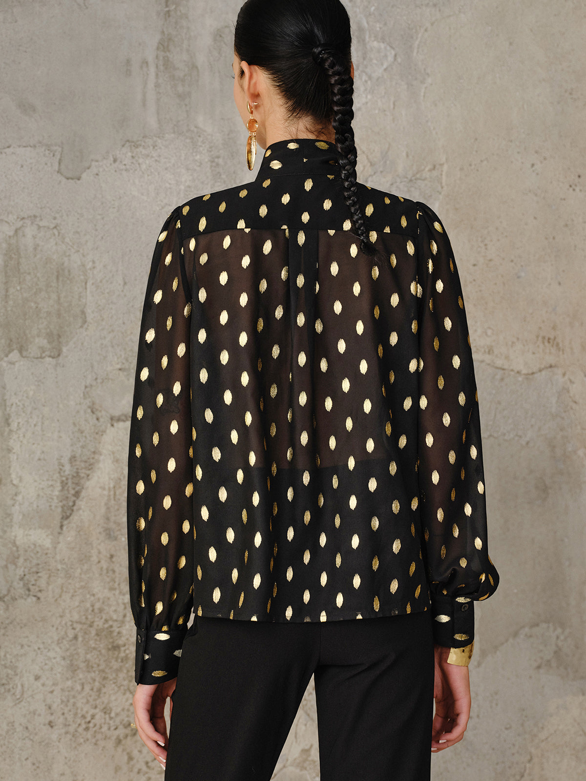 Polka Dot Bow Neckline Semi-Sheer Blouse-Chicvia