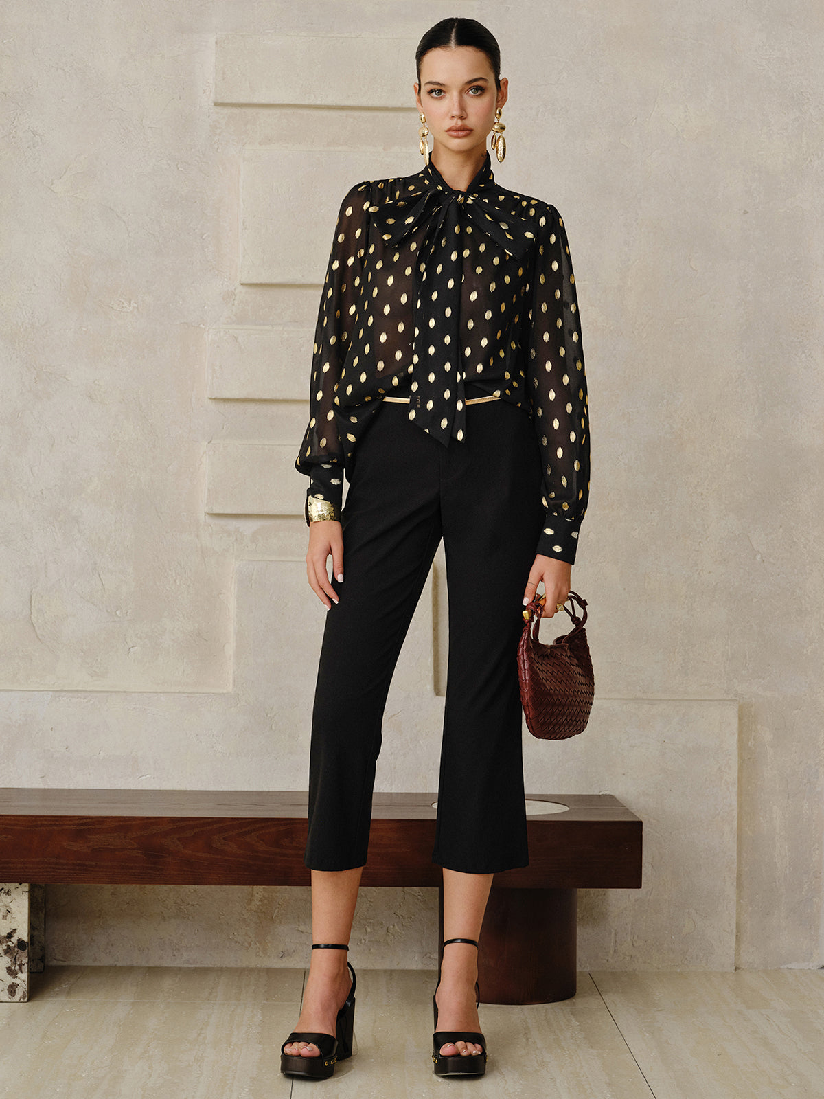 Polka Dot Bow Neckline Semi-Sheer Blouse-Chicvia