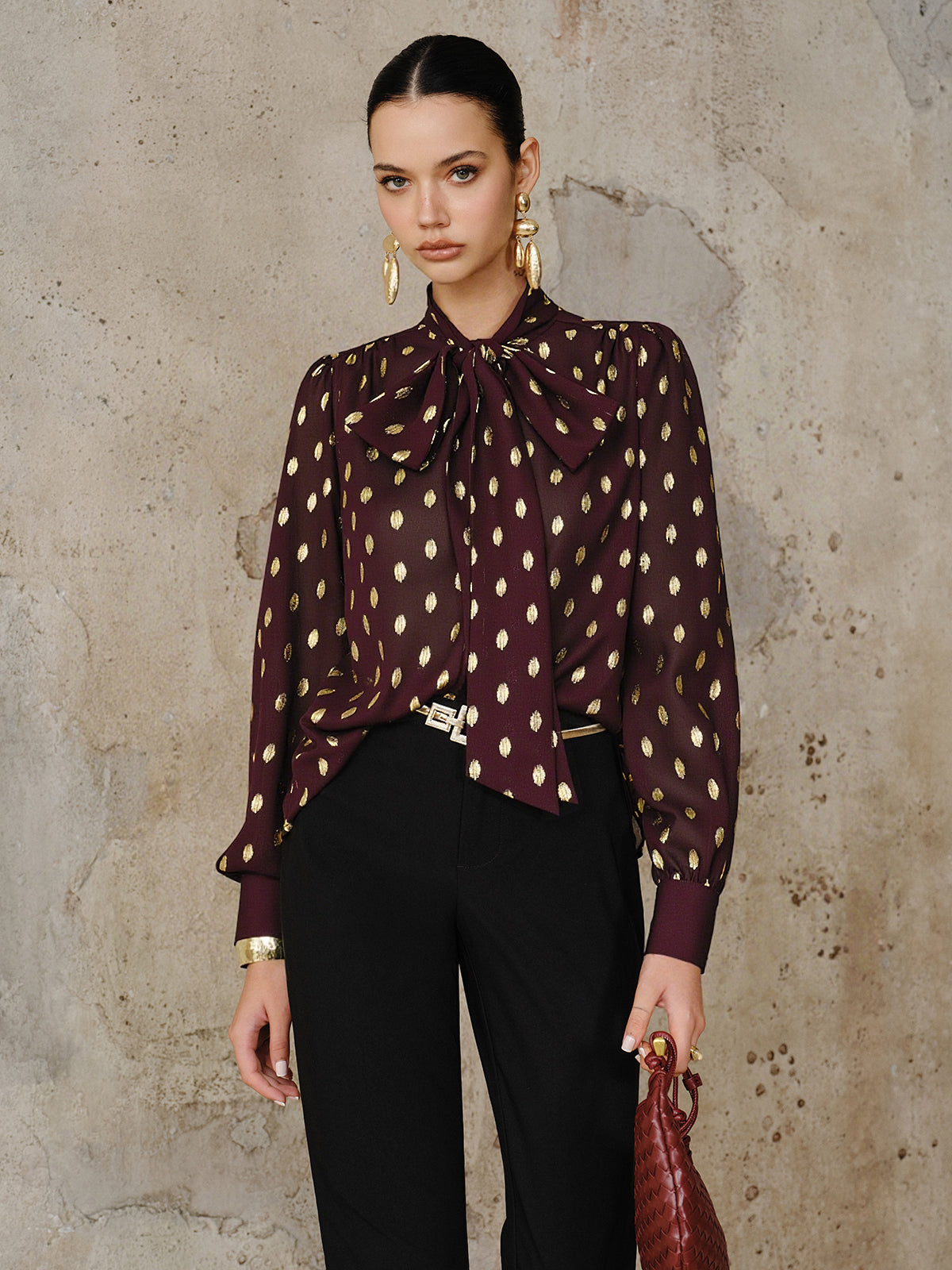 Polka Dot Bow Neckline Semi-Sheer Blouse-Chicvia