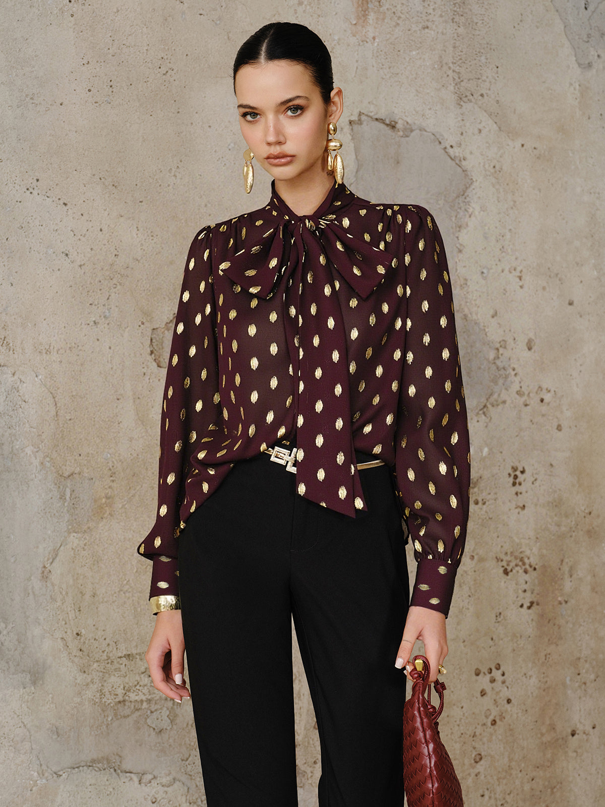 Polka Dot Bow Neckline Semi-Sheer Blouse-Chicvia