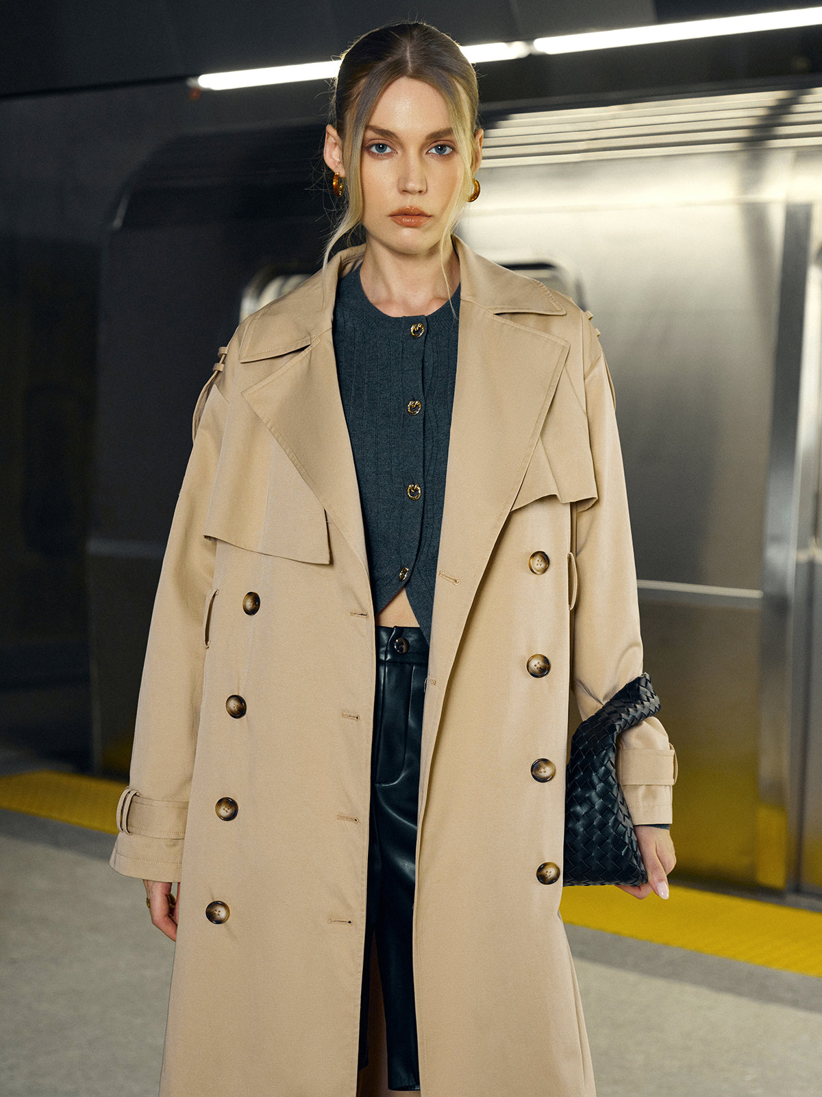 Cotton-Blend Double-Breasted Belted Long Trench Coat-Chicvia