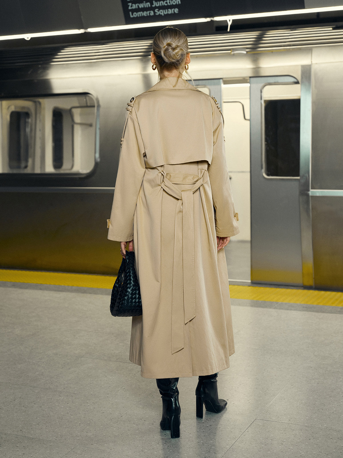 Cotton-Blend Double-Breasted Belted Long Trench Coat-Chicvia