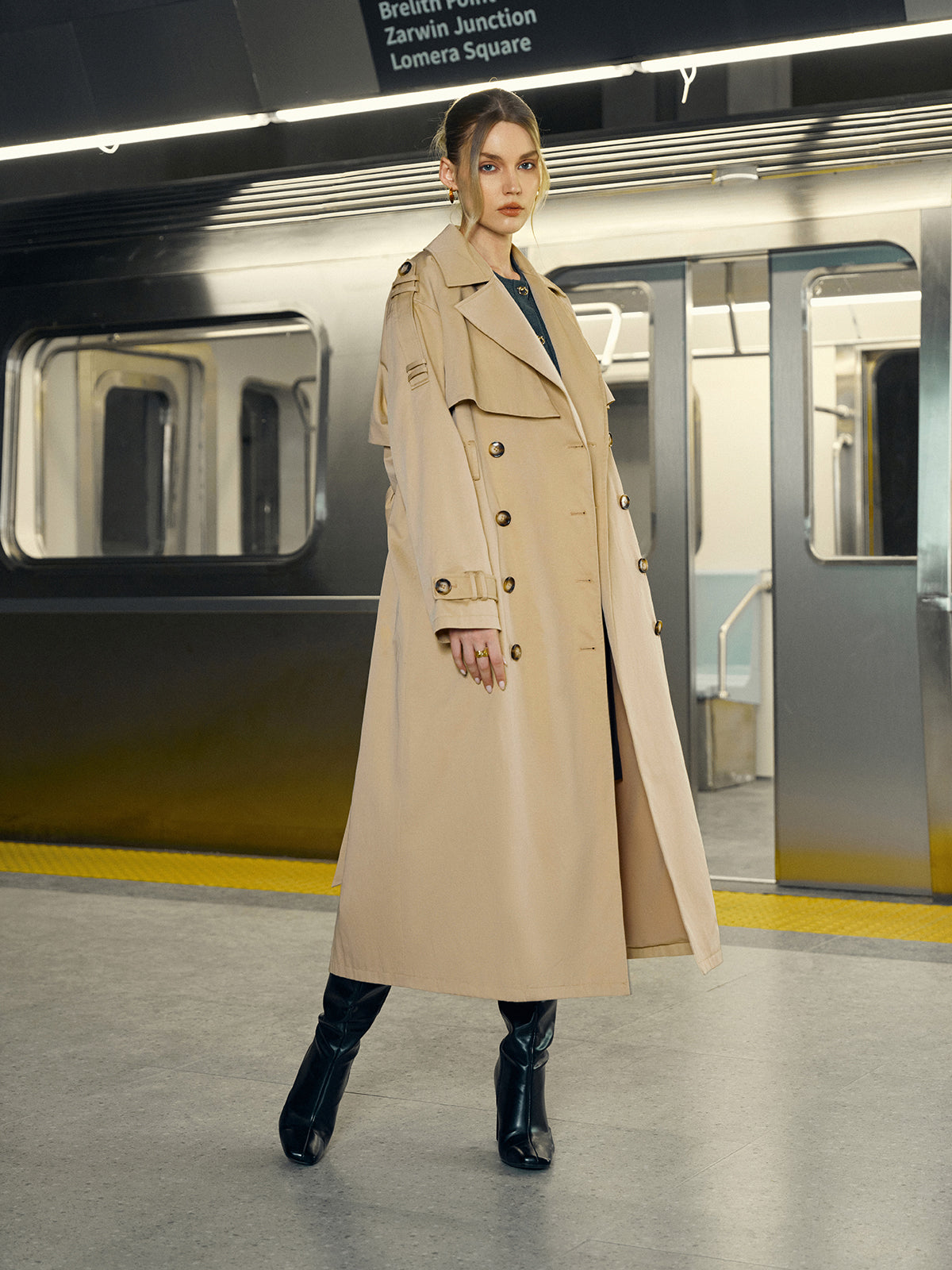 Cotton-Blend Double-Breasted Belted Long Trench Coat-Chicvia