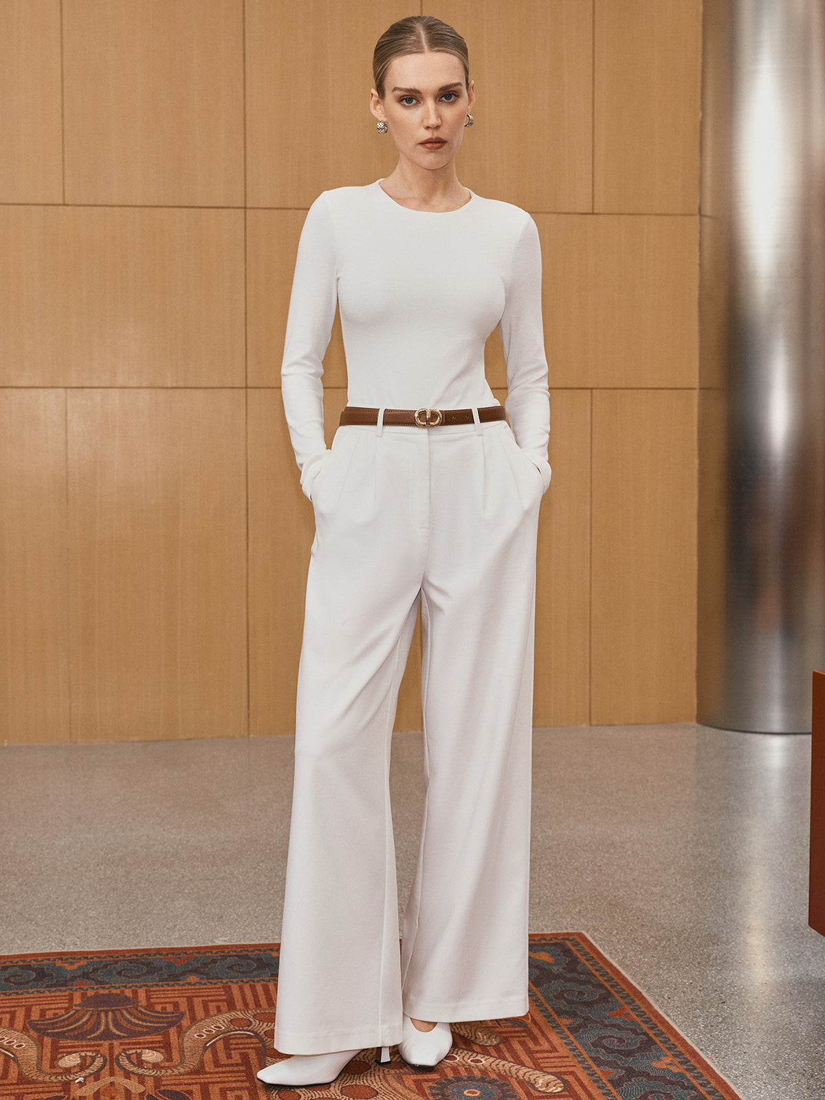 Cotton Blend Fitted Long Sleeve T-Shirt-Chicvia