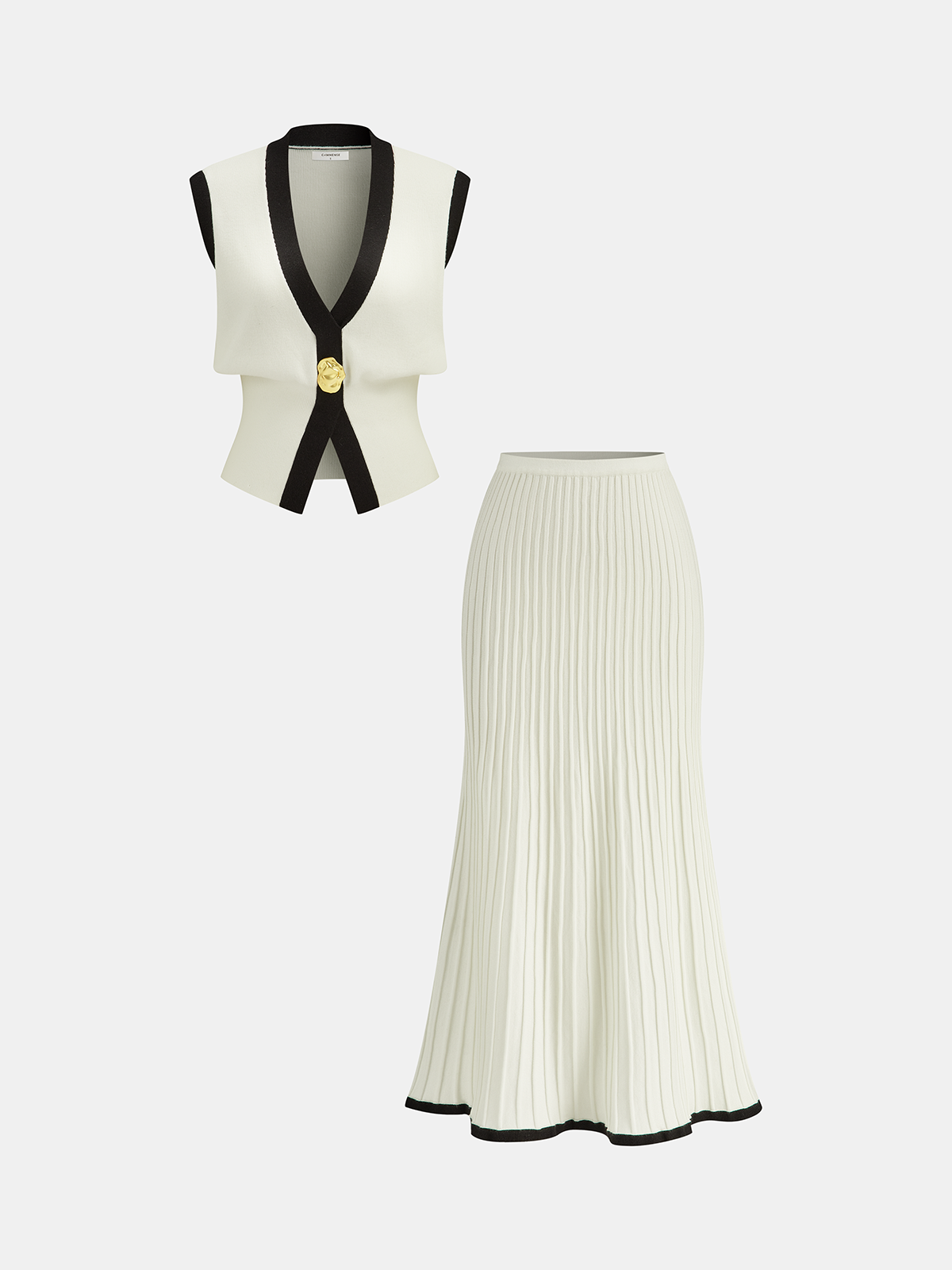 Contrast Trim Knit Vest and Midi Skirt Set-Chicvia