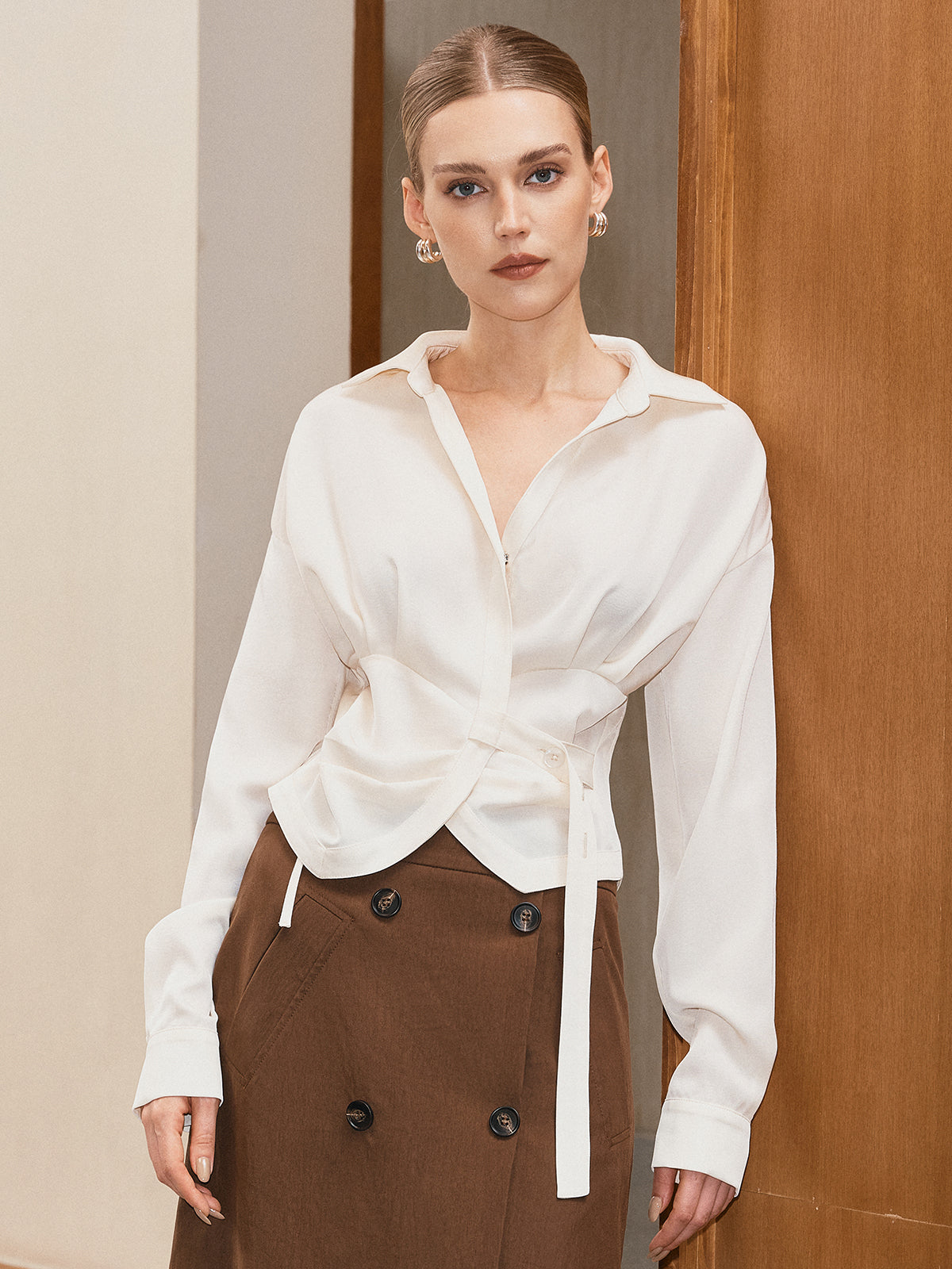 Long Sleeve Wrap-Tie Waist Shirt-Chicvia