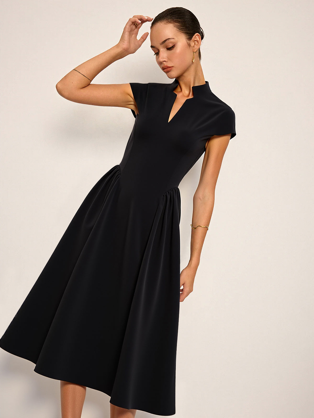 Cap Sleeved Keyhole Neckline Flared Midi Dress-Chicvia