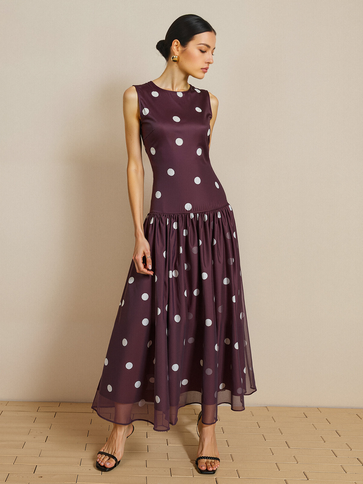Polka Dot Sleeveless Chiffon Maxi Dress-Chicvia