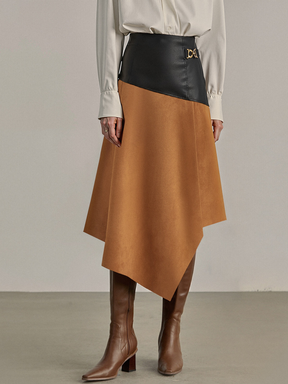 Faux Leather Paneled Suede Effect Asymmetric Midi Skirt-Chicvia