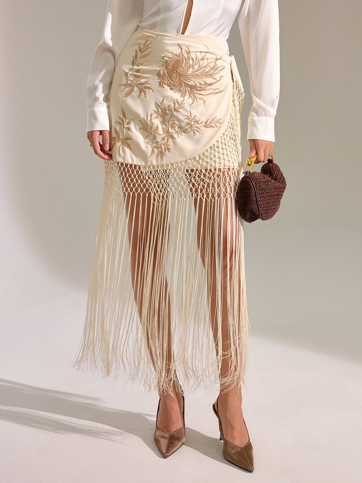 Floral Embroidered Fringe Mini Skirt-Chicvia